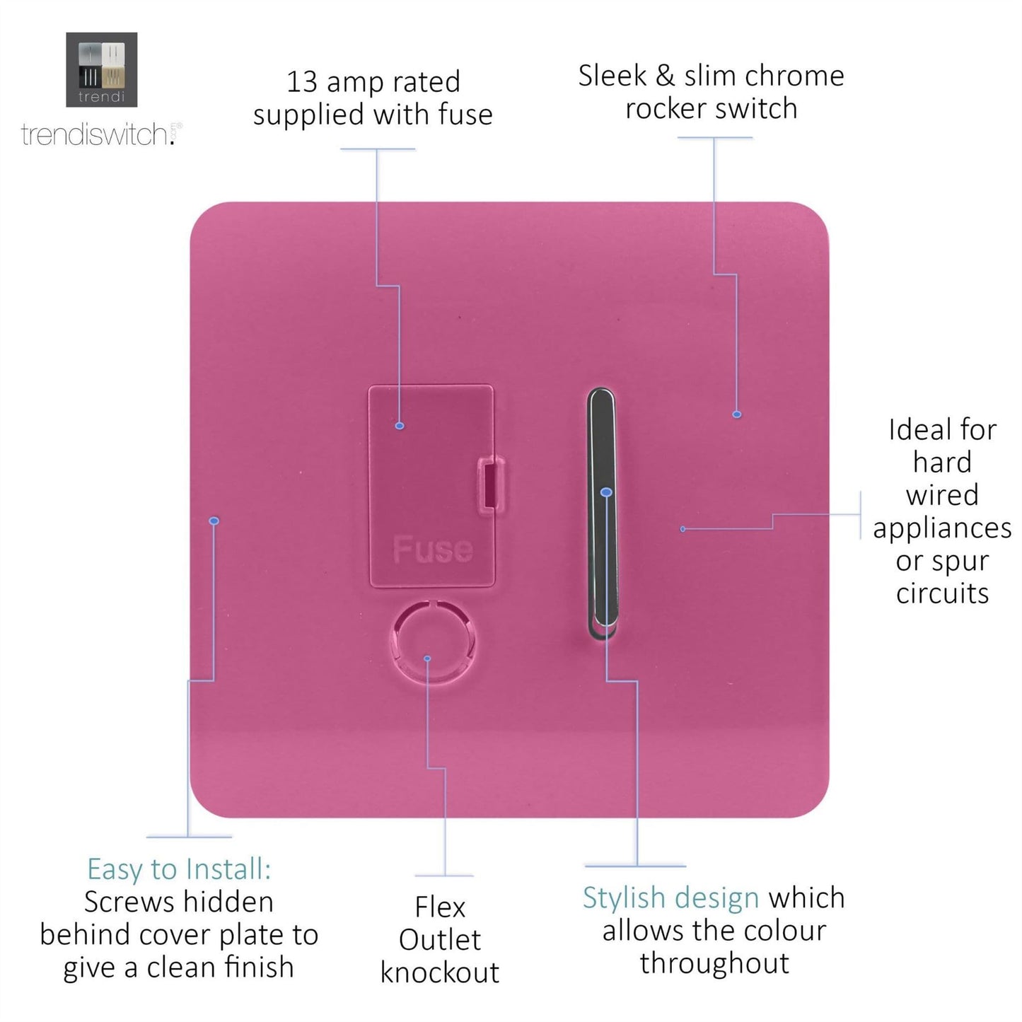 Trendi Switch 13 Amp Fused Spur with Flex Outletin Candy Pink