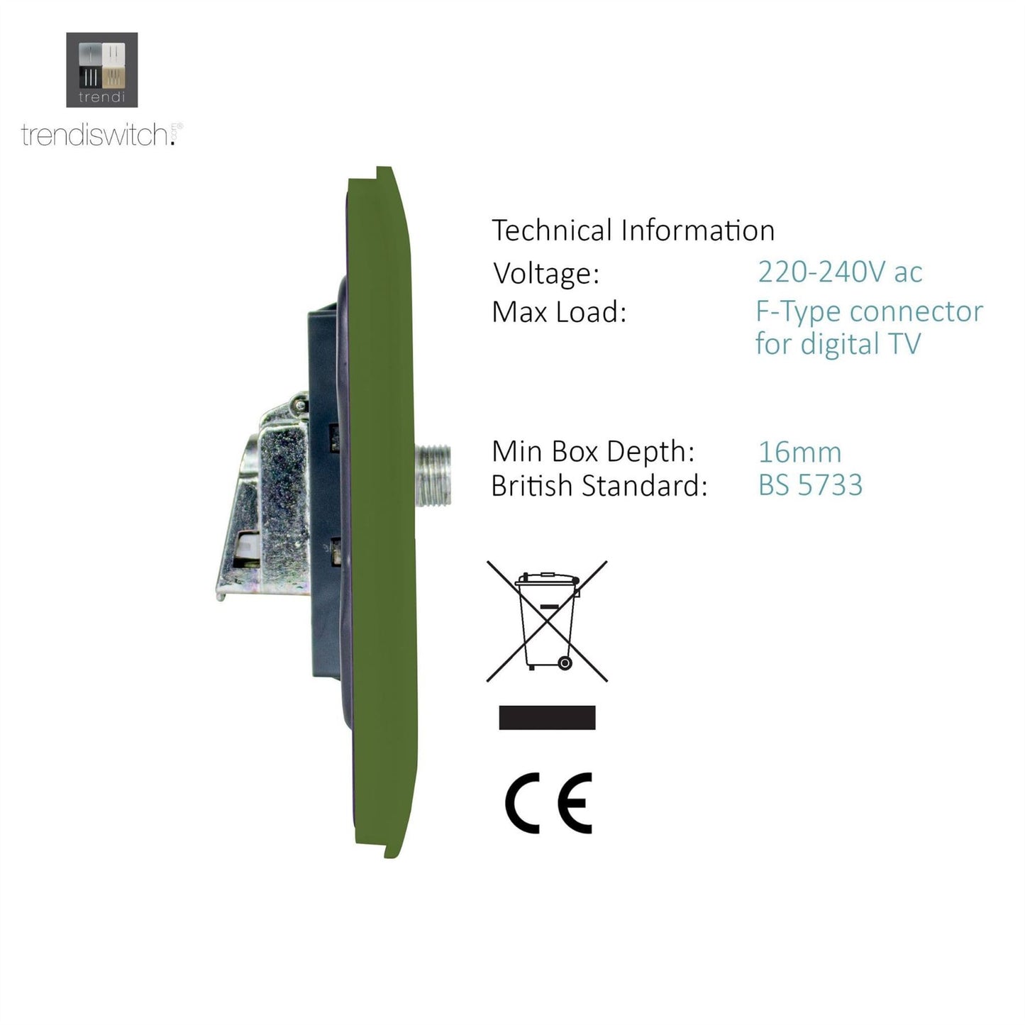 Trendi Switch 1 Gang Male F-Type Satellite Television Socketin Moss Green