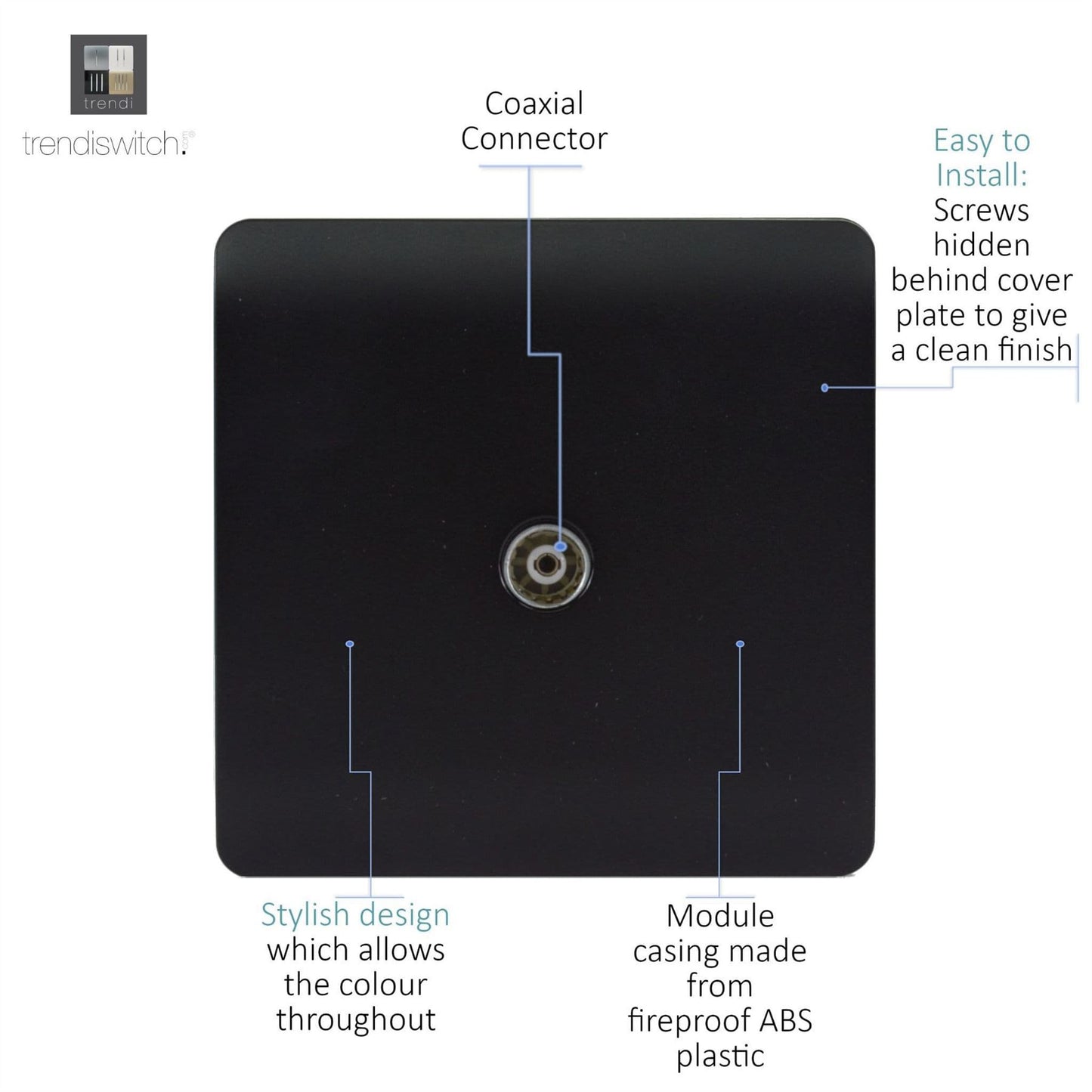 Trendi Switch 1 Gang Female Co-Axial Television Socketin Matt Black