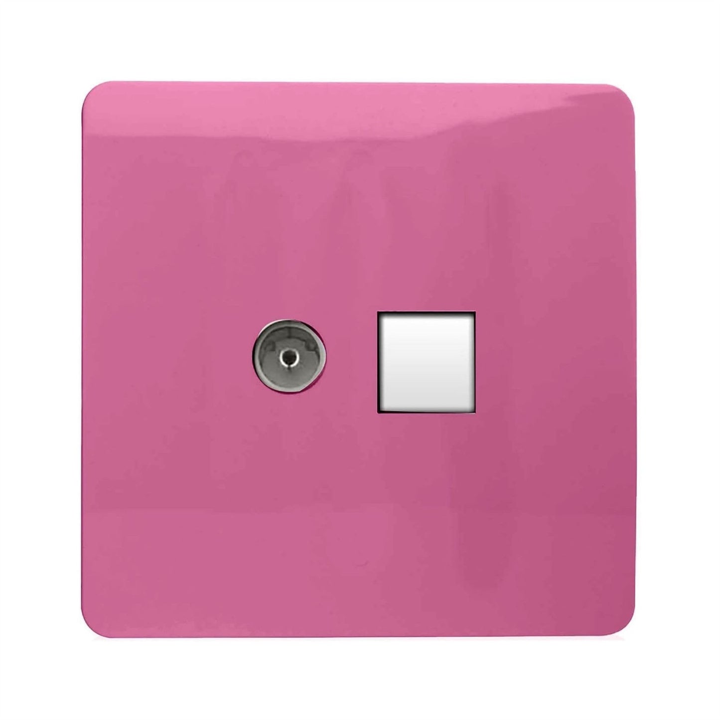 Trendi Switch 2 Gang TV Co-Axial & RJ45 Cat 6 Modern Designer PC Ethernet Socketsin Candy Pink