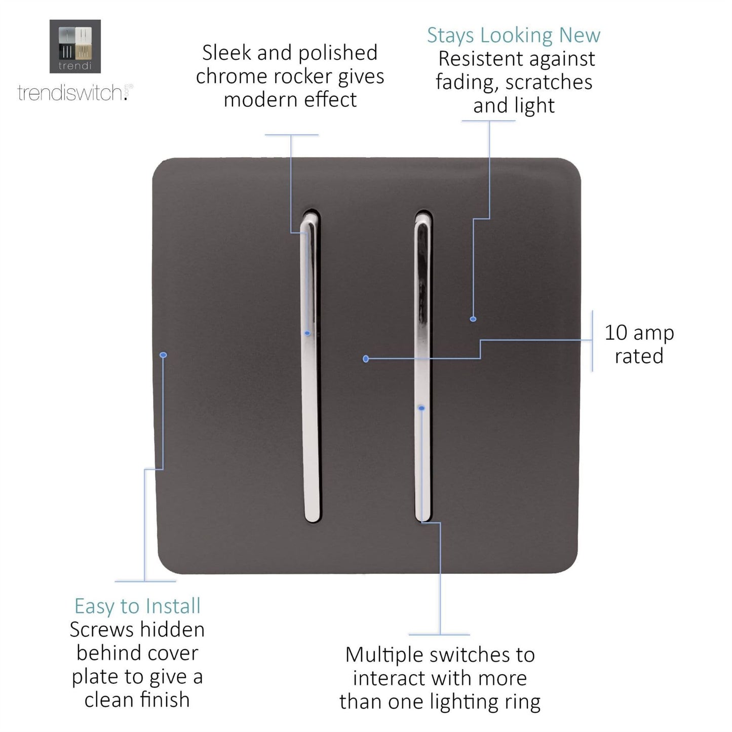 Trendi Switch 2 Gang Rocker Light Switch (1x 1 or 2 way & 1x Intermediate)in Dark Mocha Brown