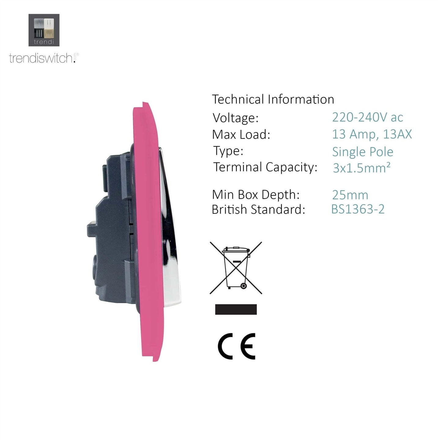 Trendi Switch 1 Gang 13 Amp Switched Plug Socketin Candy Pink