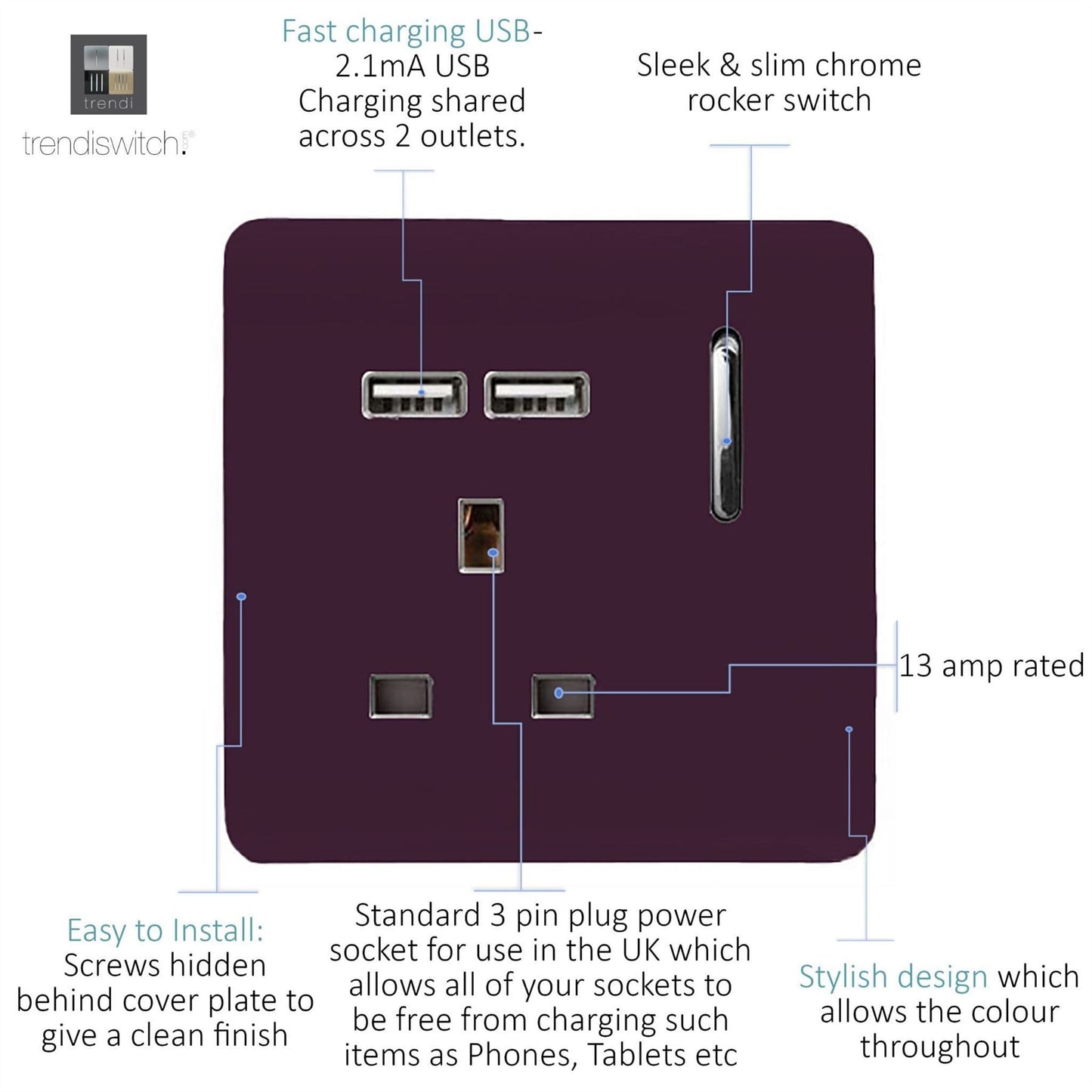 Trendi Switch 1 Gang USB 2100mA Plug Socketin Plum Purple