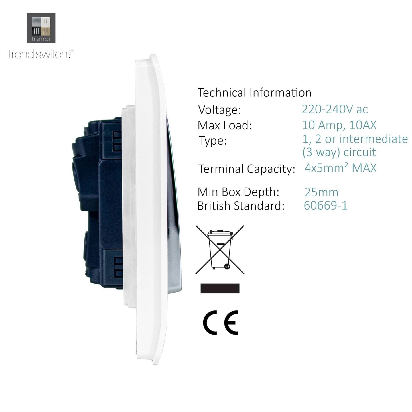 Trendi Switch 4 Gang Light Switch (3x 1 or 2 Way & 1 x Intermediate)in Ice White