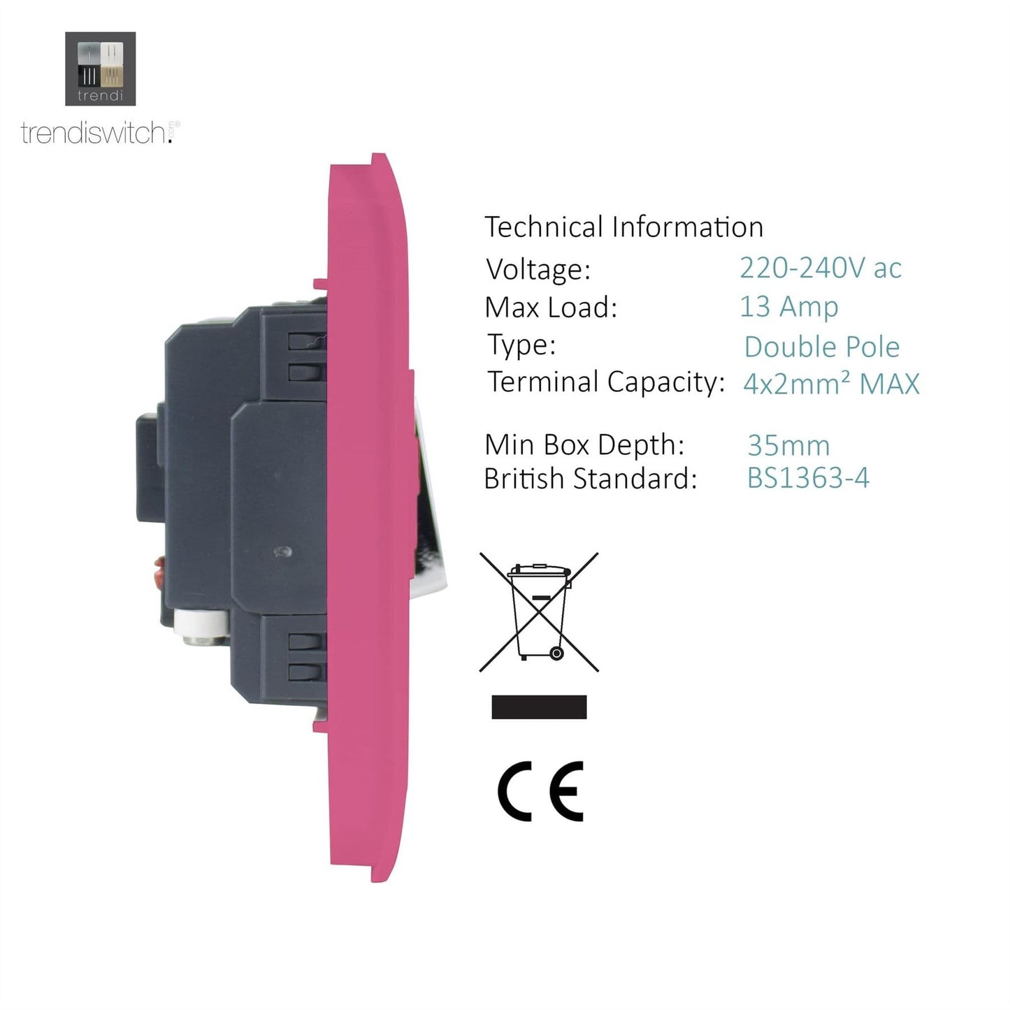 Trendi Switch 13 Amp Fused Spur with Flex Outletin Candy Pink