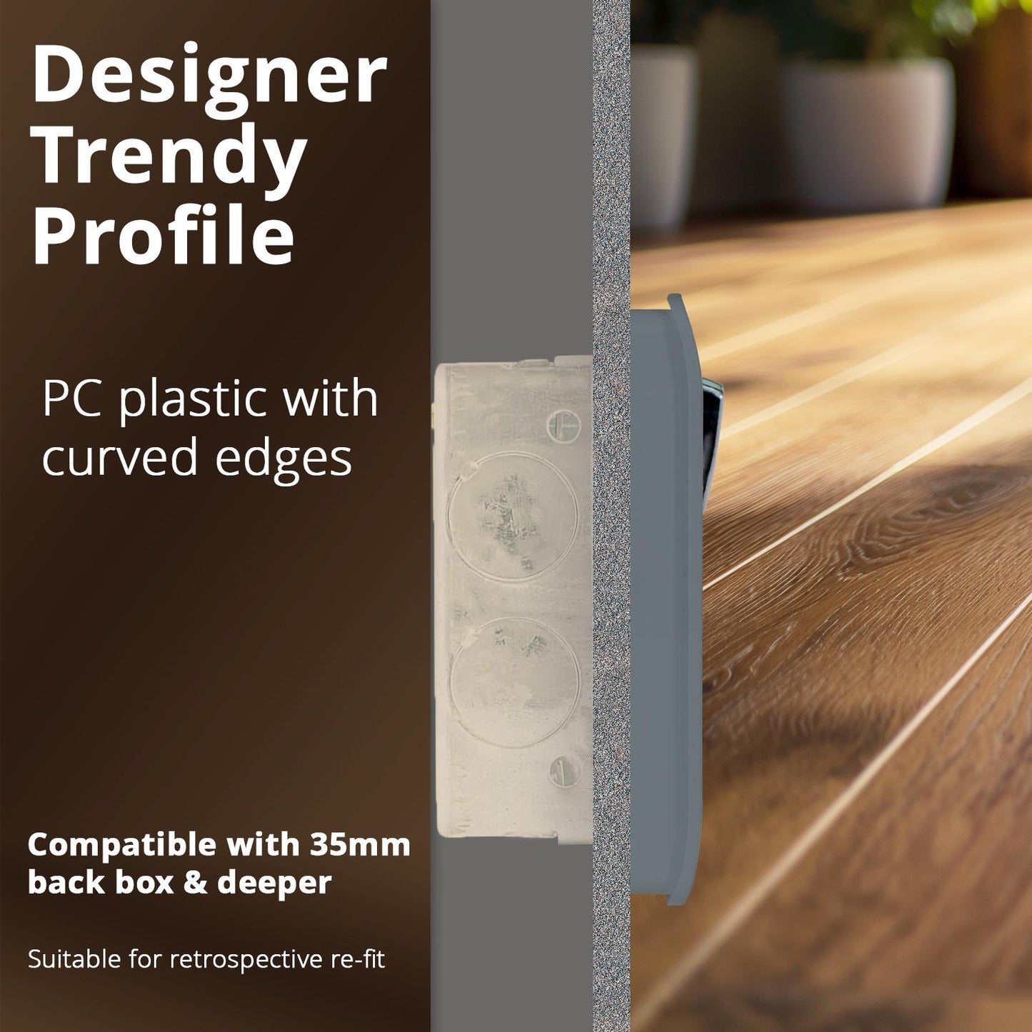 Trendi Switch 2 Gang Long Switched Plug Socket in Warm Grey