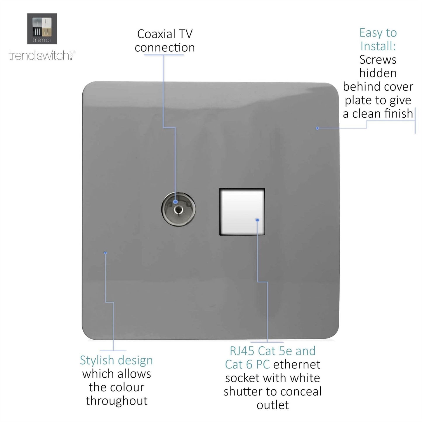 Trendi Switch 2 Gang Female TV Co-Axial & RJ45 Cat 5e PC Ethernet Socketsin Light Grey