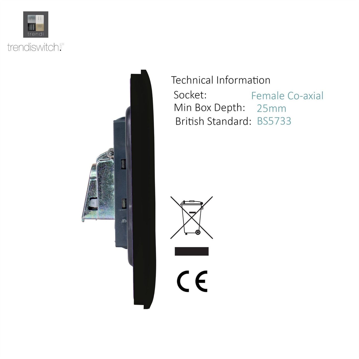 Trendi Switch 1 Gang Female Co-Axial Television Socketin Matt Black