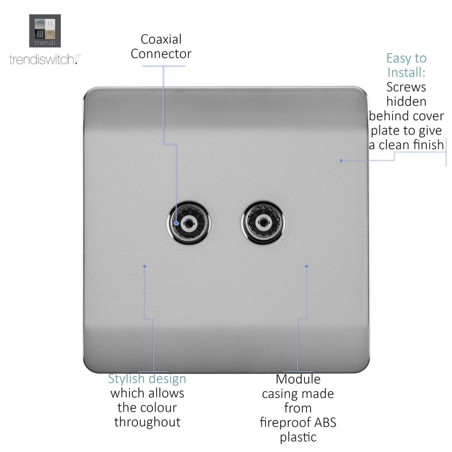 Trendi Switch 2 Gang Female Co-Axial Television Socketin Brushed Steel