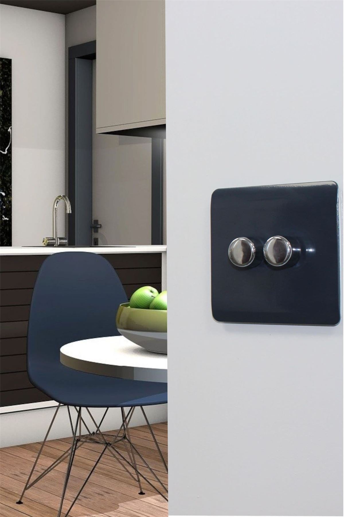 Trendi Switch 2 Gang 1 or 2 way 150w Rotary LED Dimmer Light Switchin Navy Blue