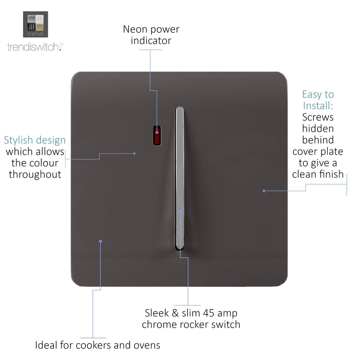 Trendi Switch 1 Gang 20 Amp Heavy Duty Rocker Switchin Dark Mocha Brown