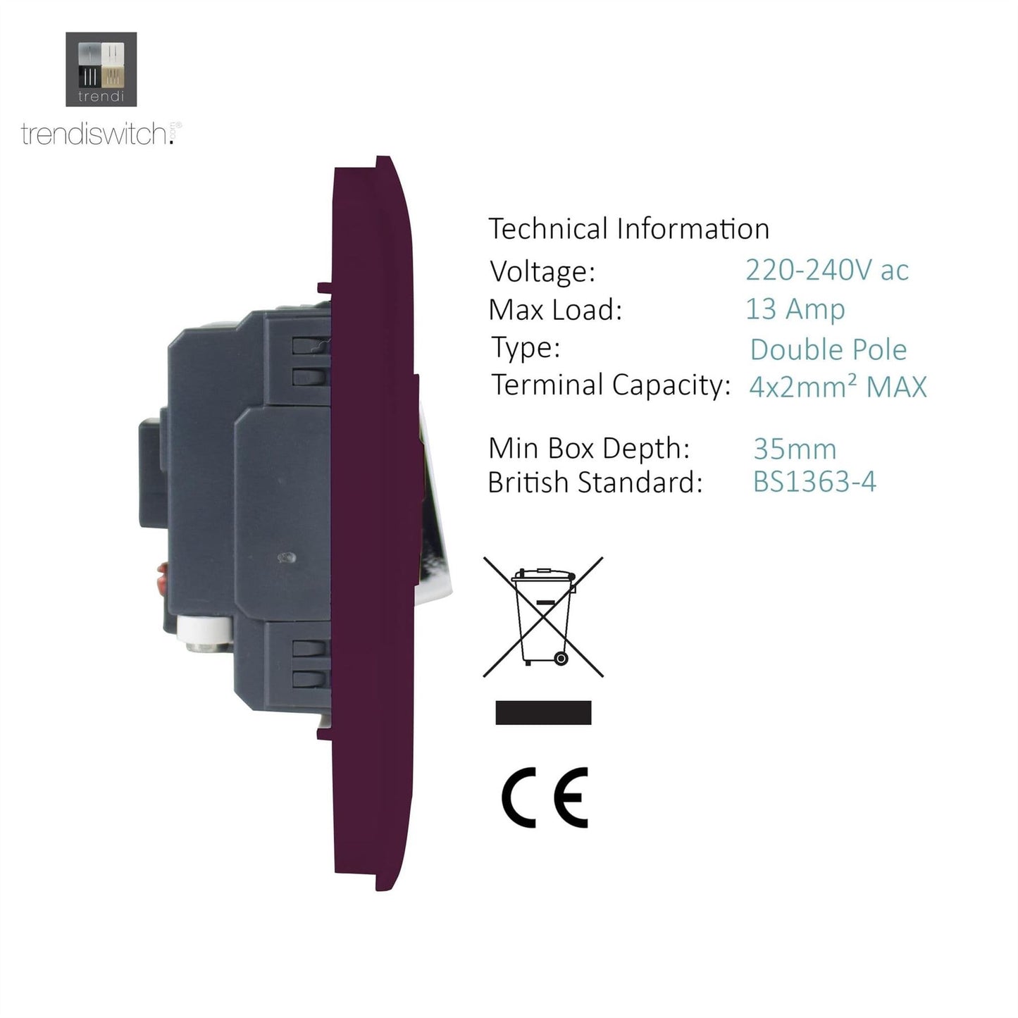 Trendi Switch 13 Amp Fused Spur with Flex Outletin Plum Purple