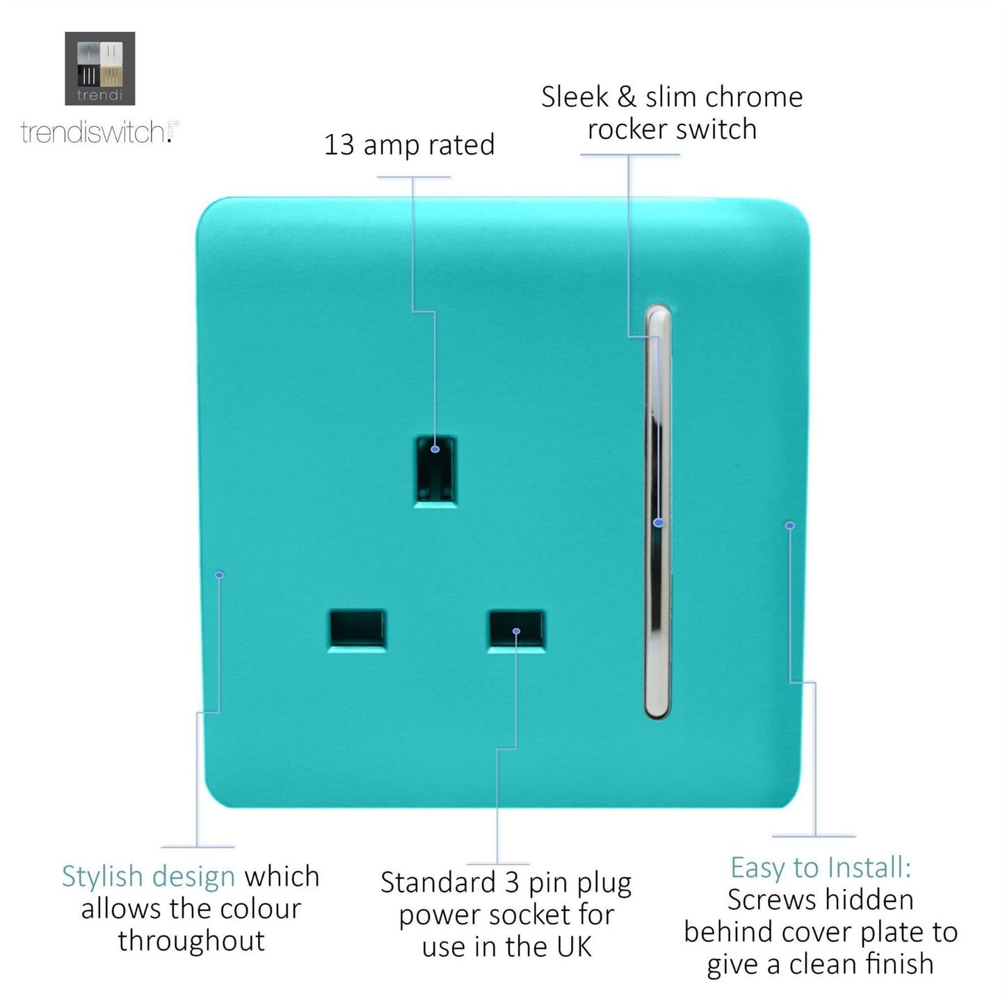Trendi Switch 1 Gang 13 Amp Switched Plug Socketin Bright Teal