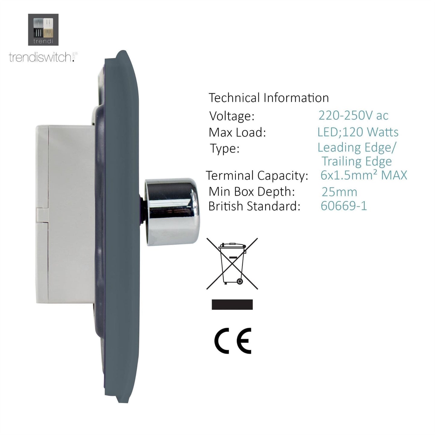 Trendi Switch 2 Gang 1 or 2 way 150w Rotary LED Dimmer Light Switchin Warm Grey