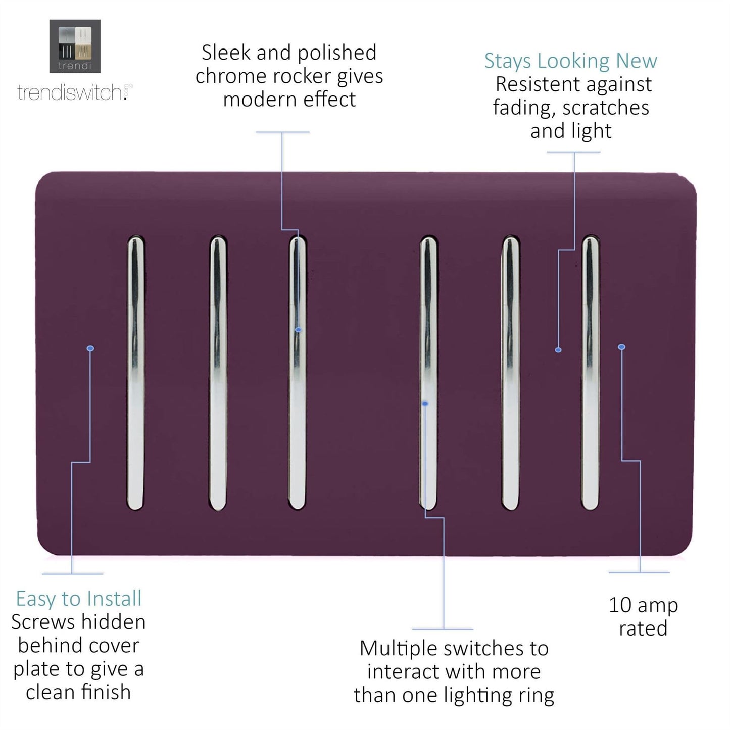 Trendi Switch 6 Gang 1 or 2 Way Light Switchin Plum Purple