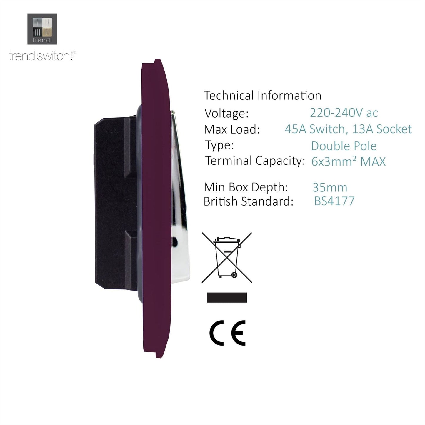 Trendi Switch 45 Amp Cooker Switch & 13 Amp Plug Socket with Neonin Plum Purple