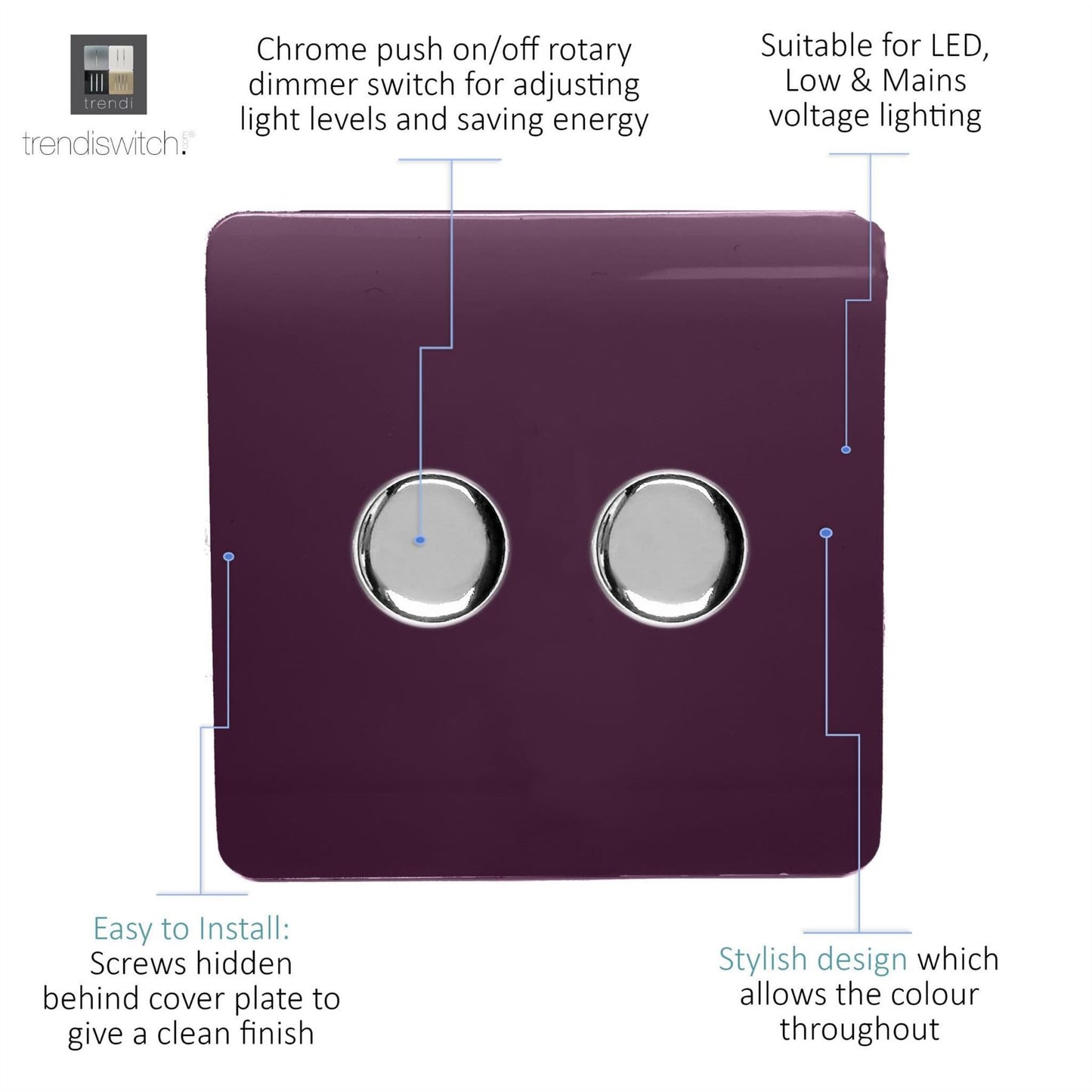 Trendi Switch 2 Gang 1 or 2 way 150w Rotary LED Dimmer Light Switchin Plum Purple