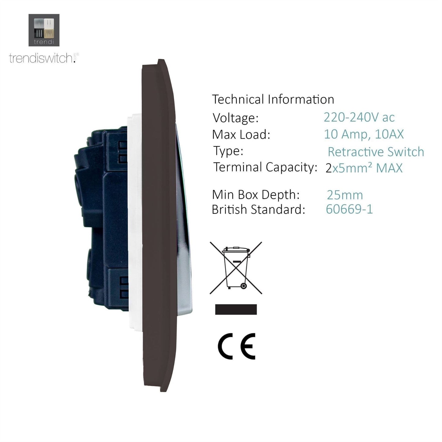 Trendi Switch 1 Gang Retractive Home Automation Switchin Dark Mocha Brown