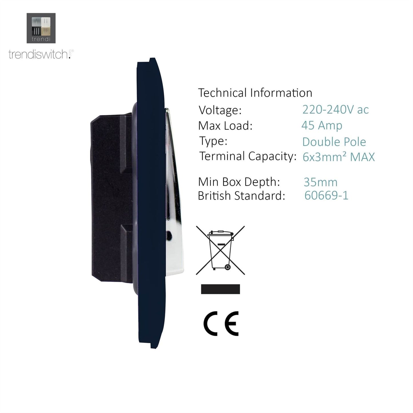 Trendi Switch 1 Gang 45 Amp Cooker Switch with Neonin Navy Blue