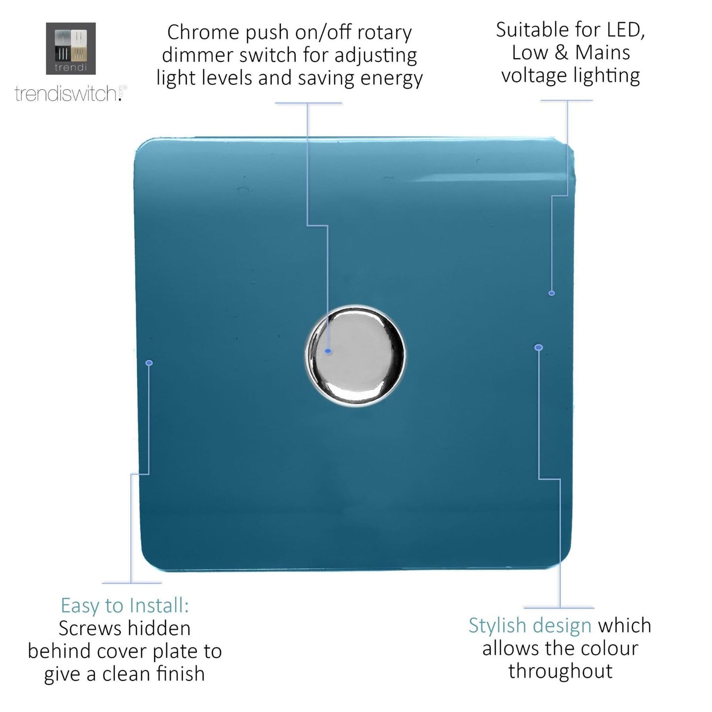 Trendi Switch 1 Gang 1 or 2 way 150w Rotary LED Dimmer Light Switchin Ocean Blue