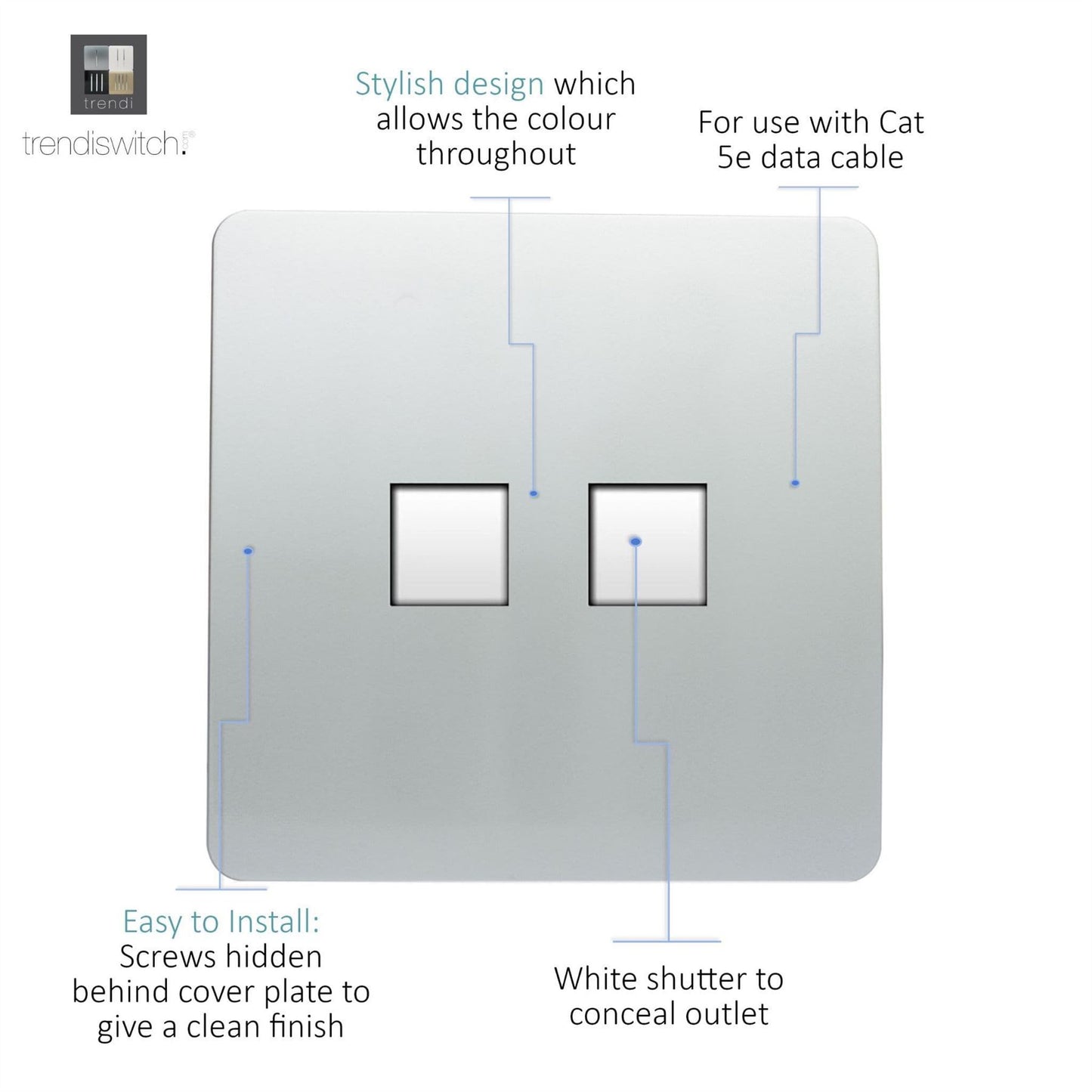 Trendi Switch 2 Gang RJ45 Cat 5e PC Ethernet Socketin Platinum Silver