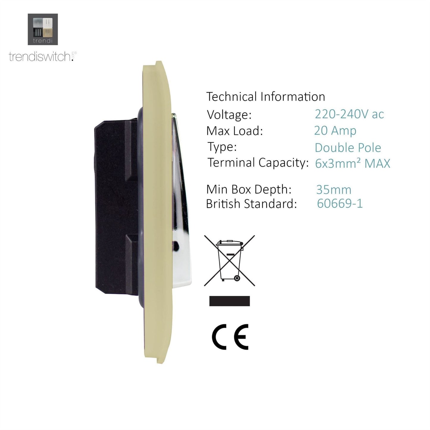 Trendi Switch 1 Gang 20 Amp Heavy Duty Rocker Switchin Champagne Gold