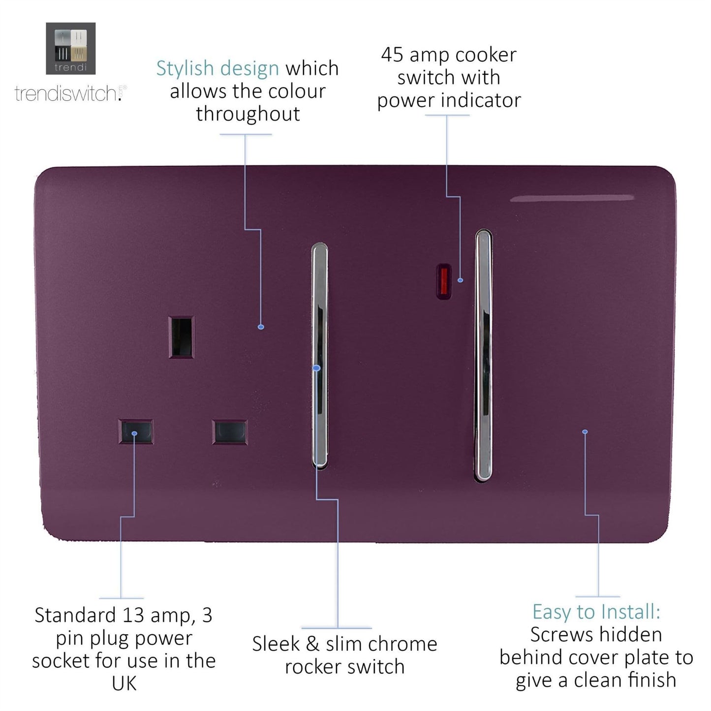 Trendi Switch 45 Amp Cooker Switch & 13 Amp Plug Socket with Neonin Plum Purple