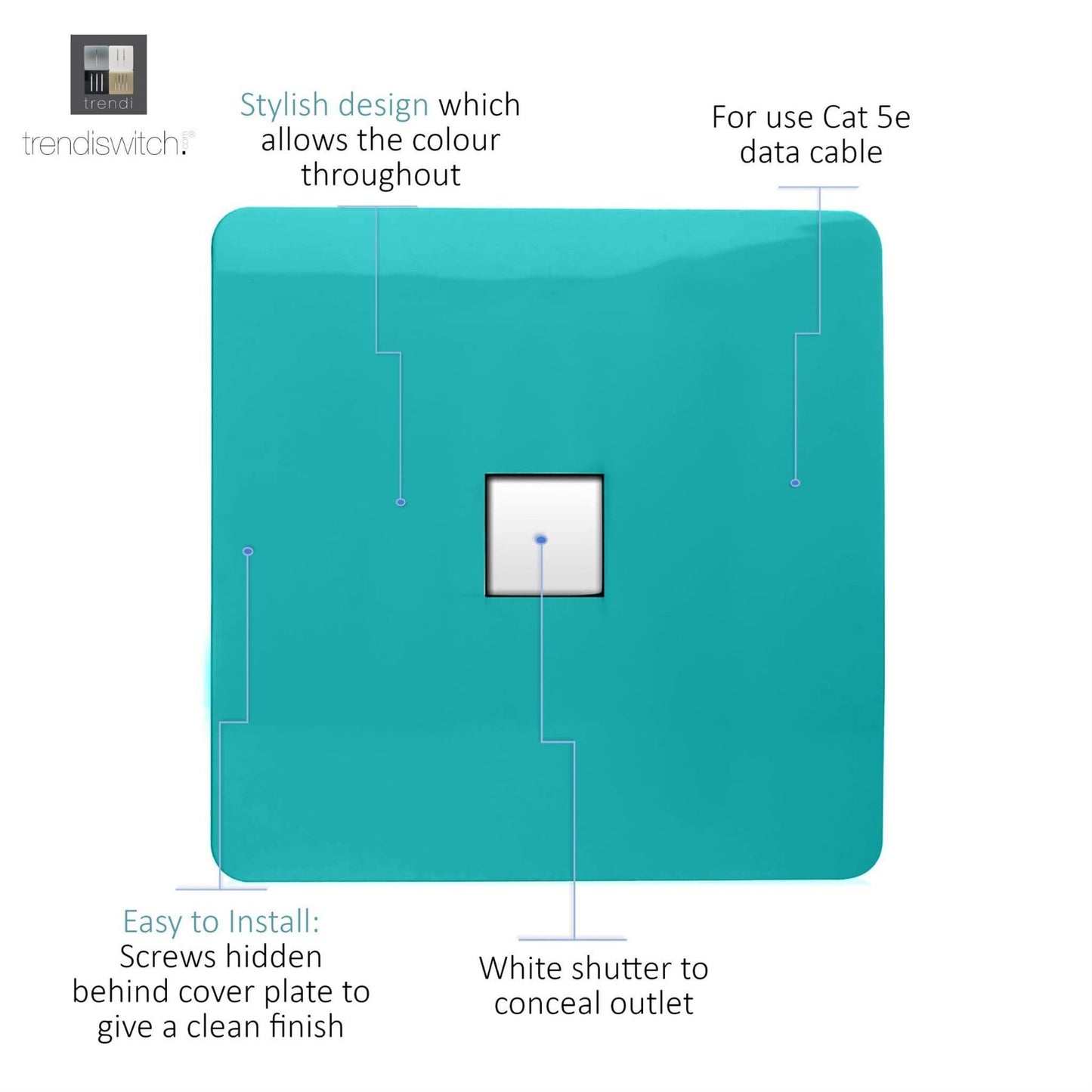 Trendi Switch 1 Gang RJ45 Cat 5e PC Ethernet Socketin Bright Teal