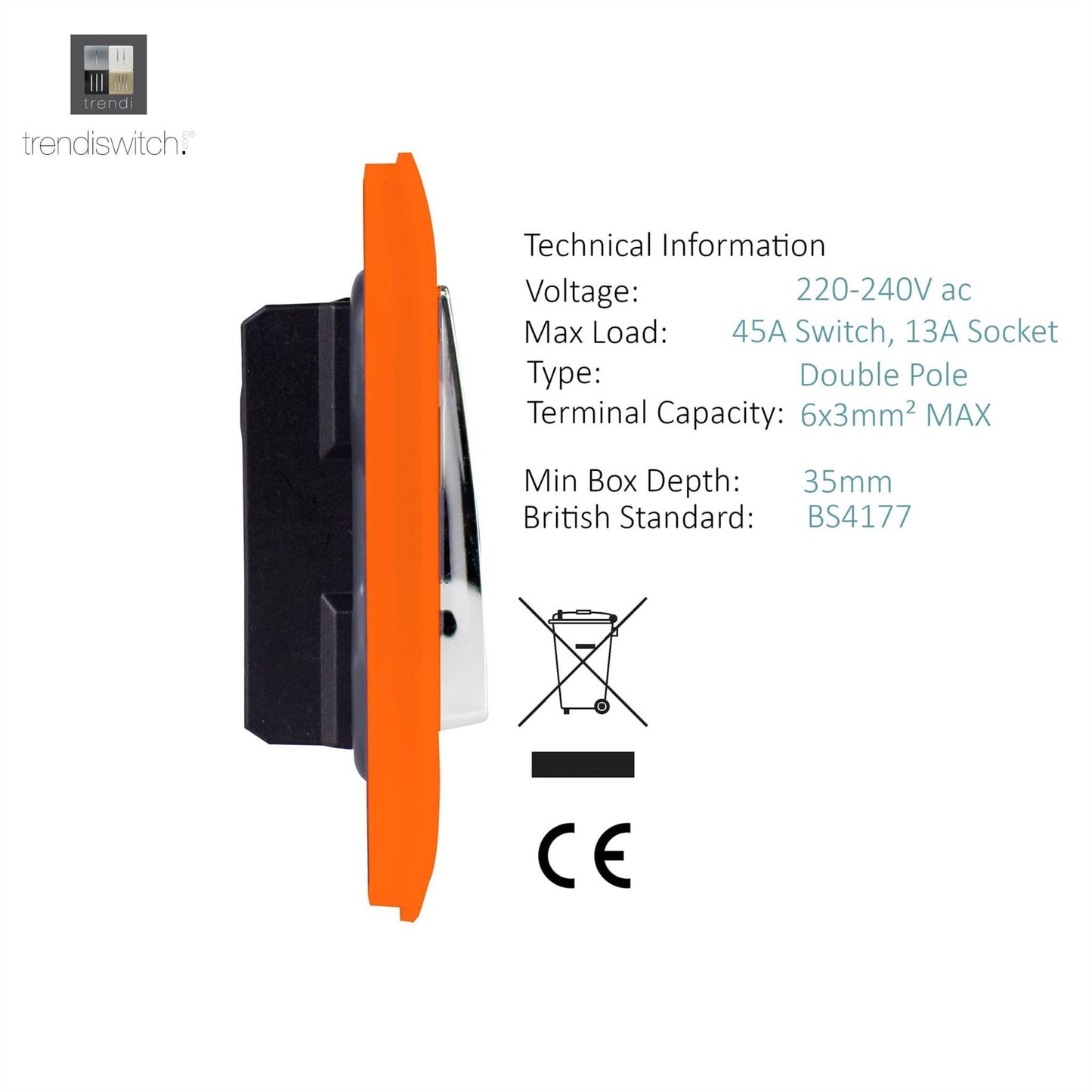 Trendi Switch 45 Amp Cooker Switch & 13 Amp Plug Socket with Neonin Sunset Orange