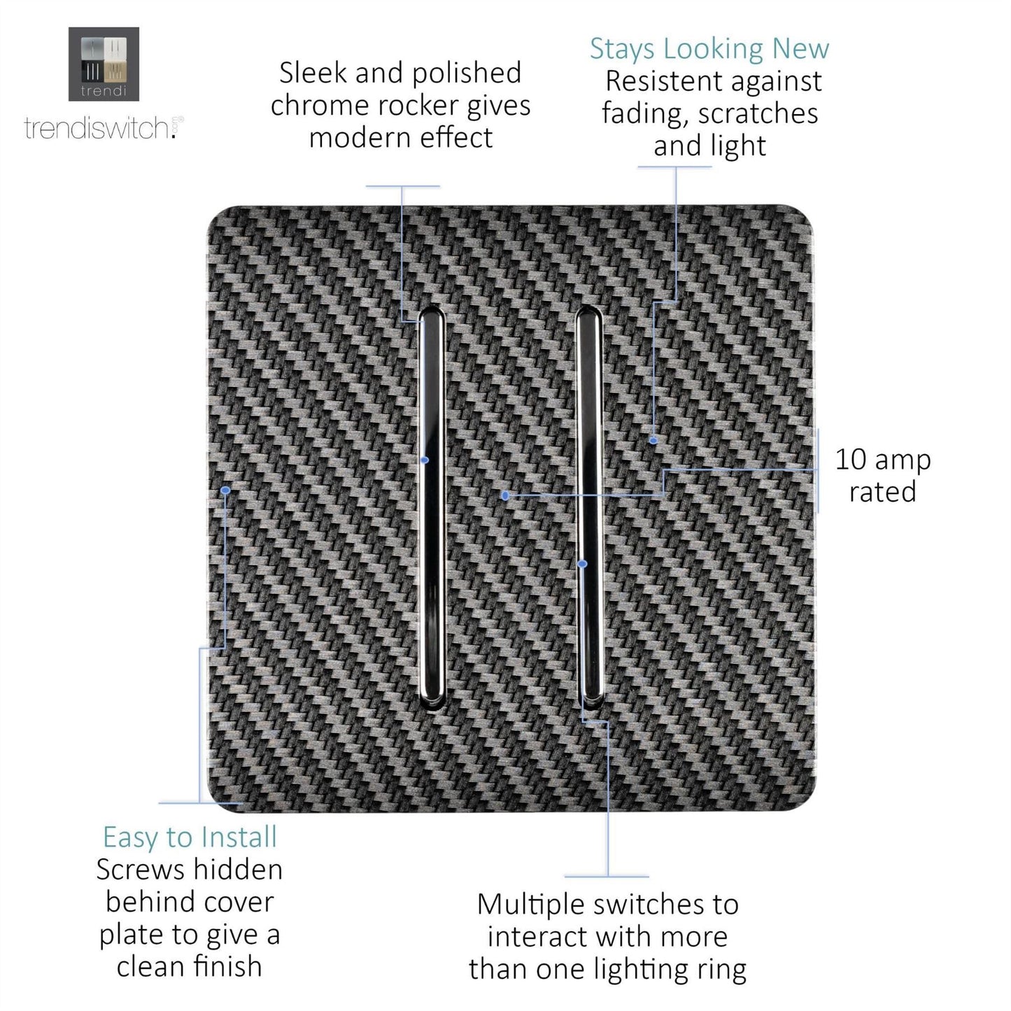 Trendi Switch 2 Gang Rocker Light Switch (1x 1 or 2 way & 1x Intermediate)in Carbon Fibre