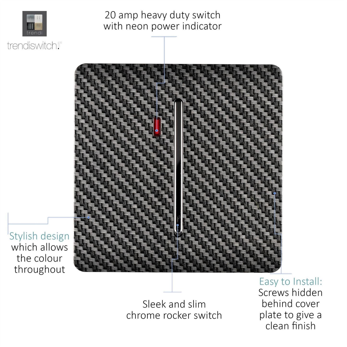 Trendi Switch 1 Gang 20 Amp Heavy Duty Rocker Switchin Carbon Fibre