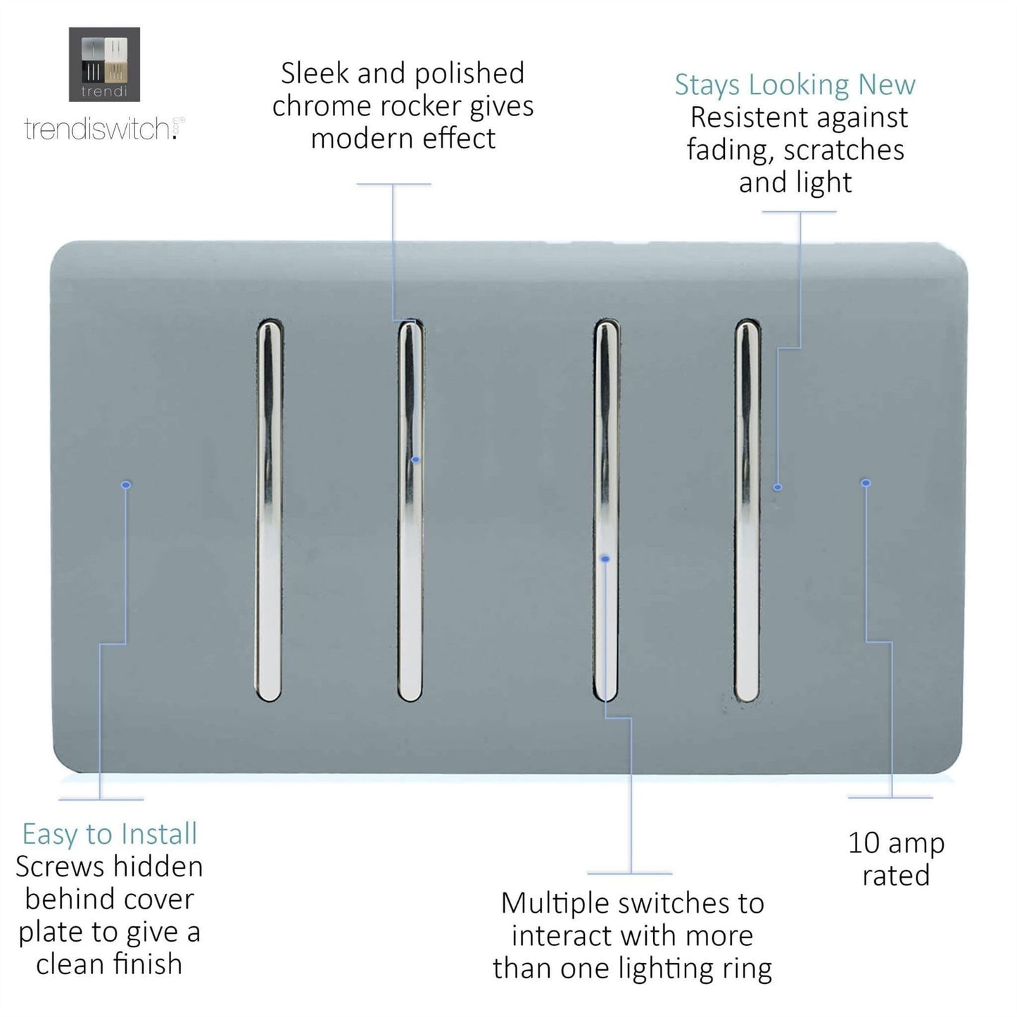 Trendi Switch 4 Gang Intermediate Rocker Light Switchin Cool Grey