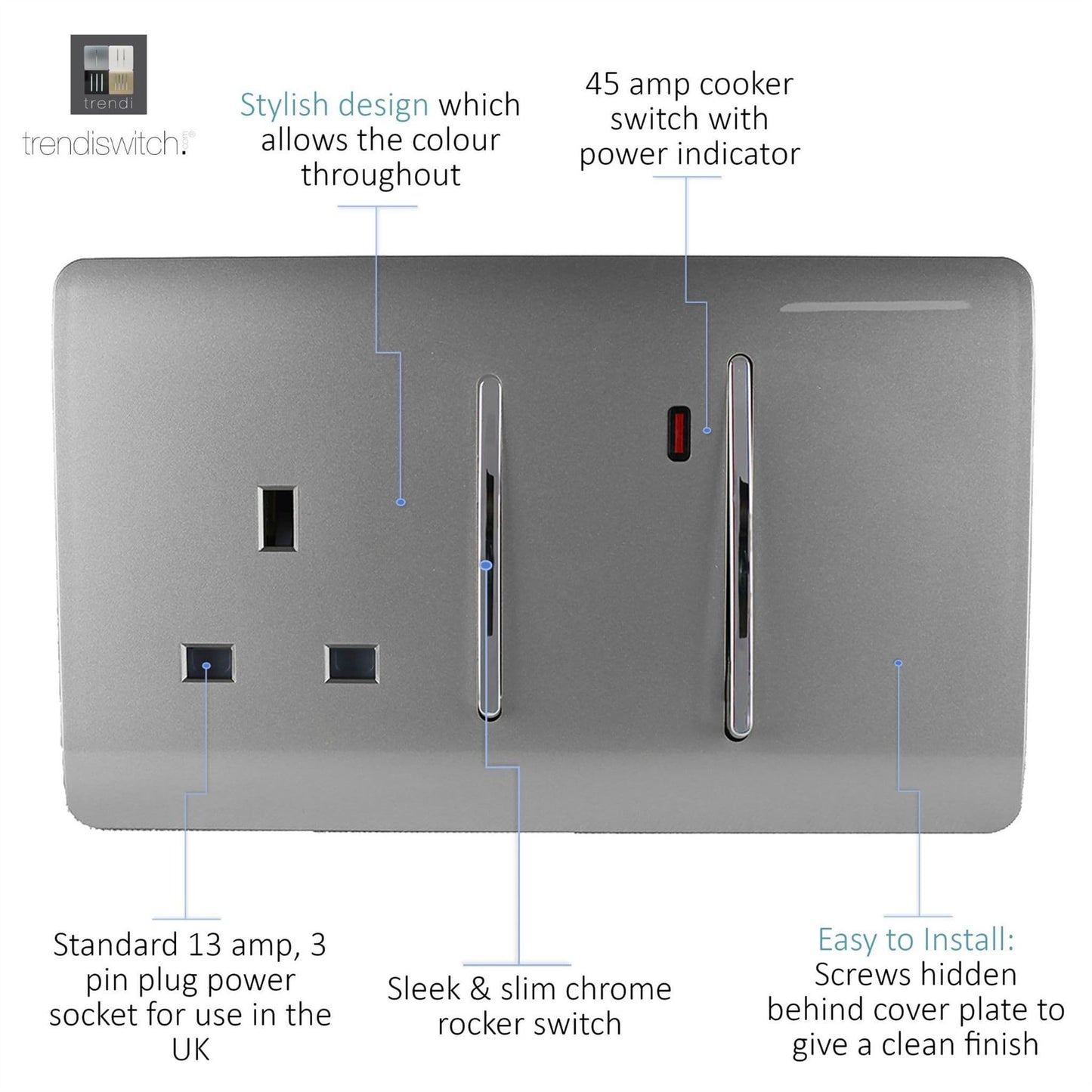Trendi Switch 45 Amp Cooker Switch & 13 Amp Plug Socket with Neonin Light Grey