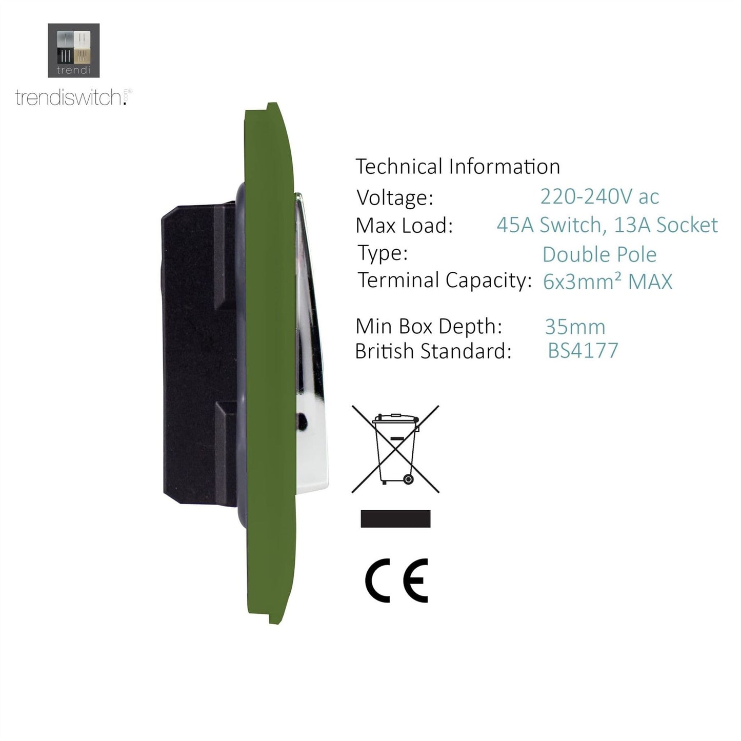 Trendi Switch 45 Amp Cooker Switch & 13 Amp Plug Socket with Neonin Moss Green