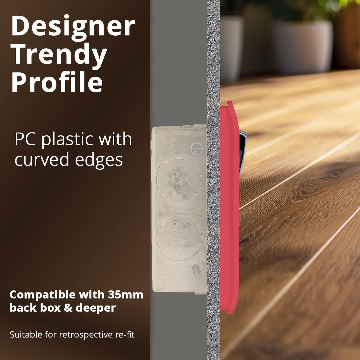 Trendi Switch 2 Gang Long Switched Plug Socket in Strawberry Red