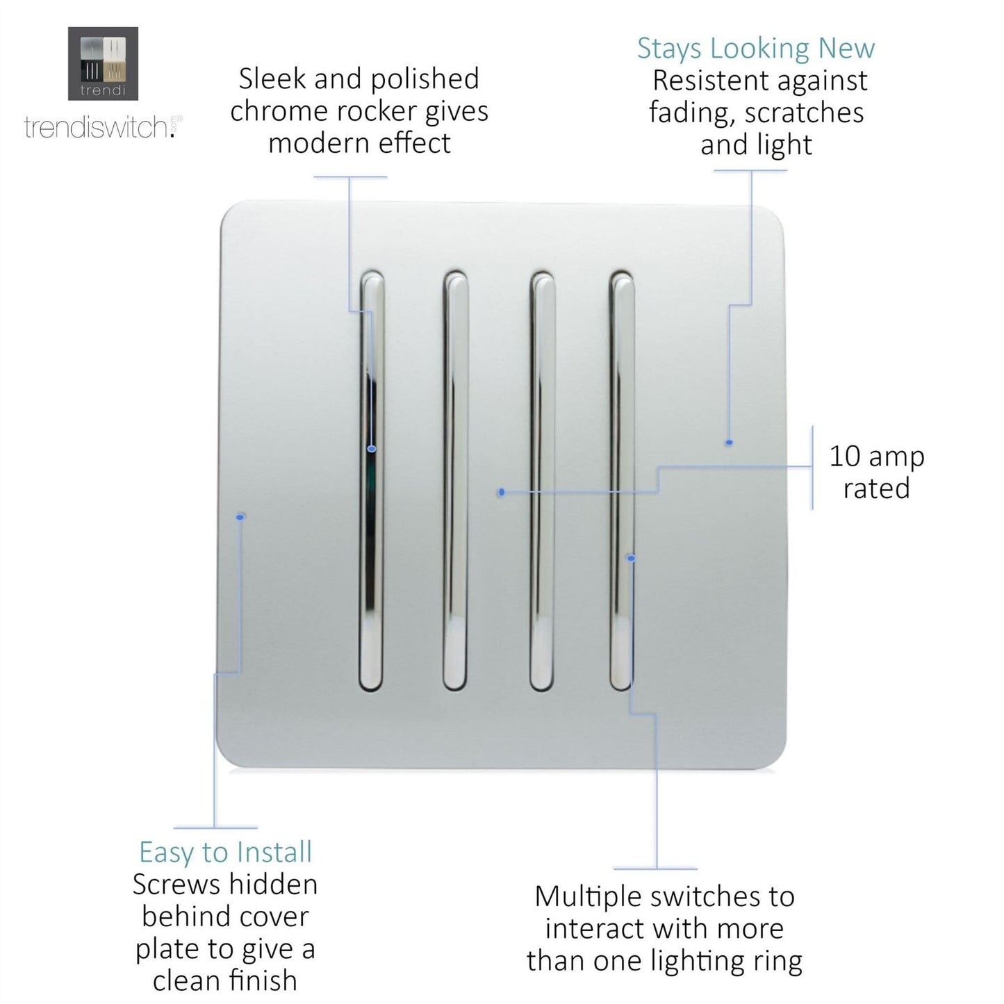 Trendi Switch 4 Gang 1 or 2 way Rocker Light Switchin Platinum Silver