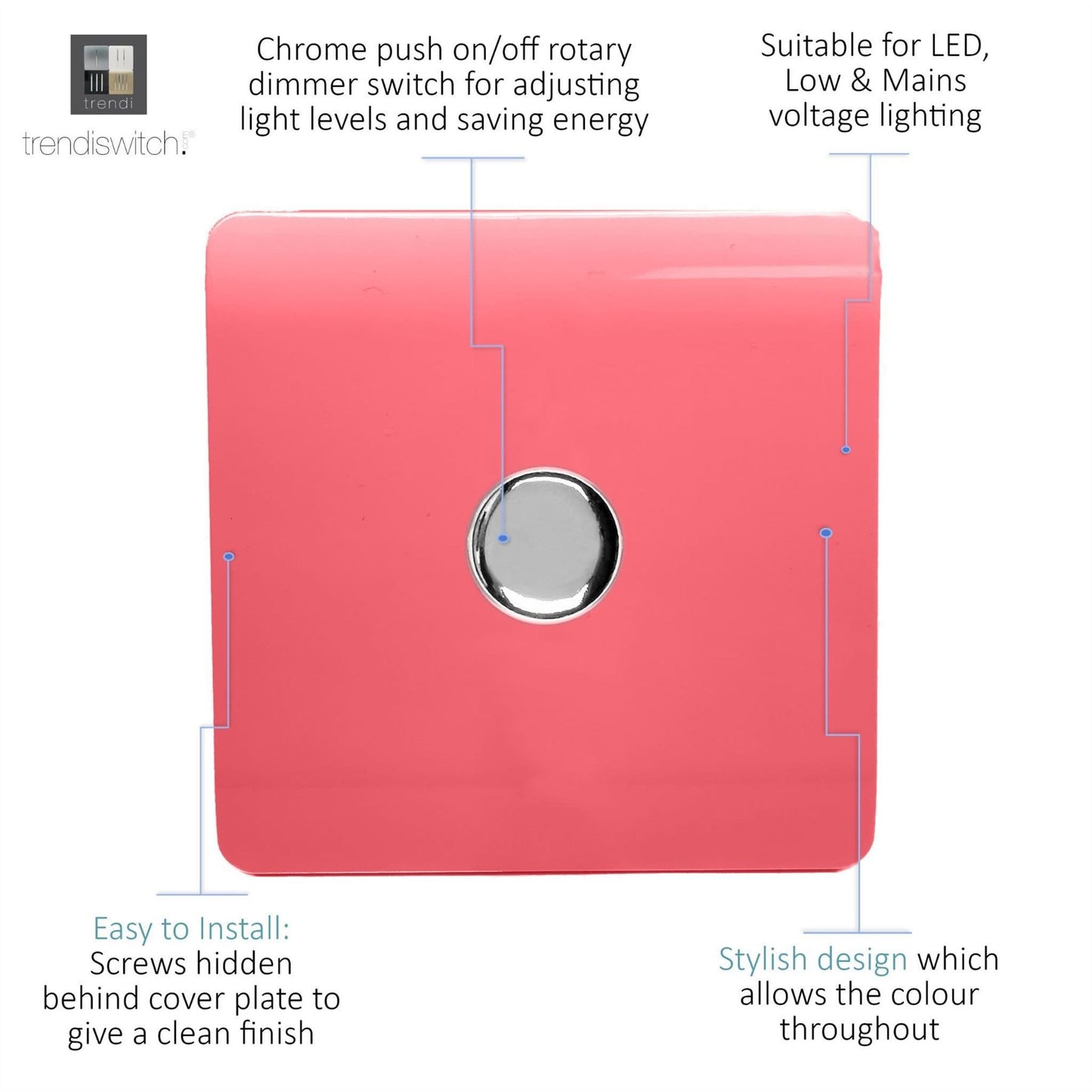 Trendi 1 Gang 2 Way 240V 100w LED Dimmer Screwless Raised Front Plate Plastic Artistic Modern Glossy 10 Amp Chrome Single Electrical Wall Light Switch in Strawberry Red - ART-LDMSB