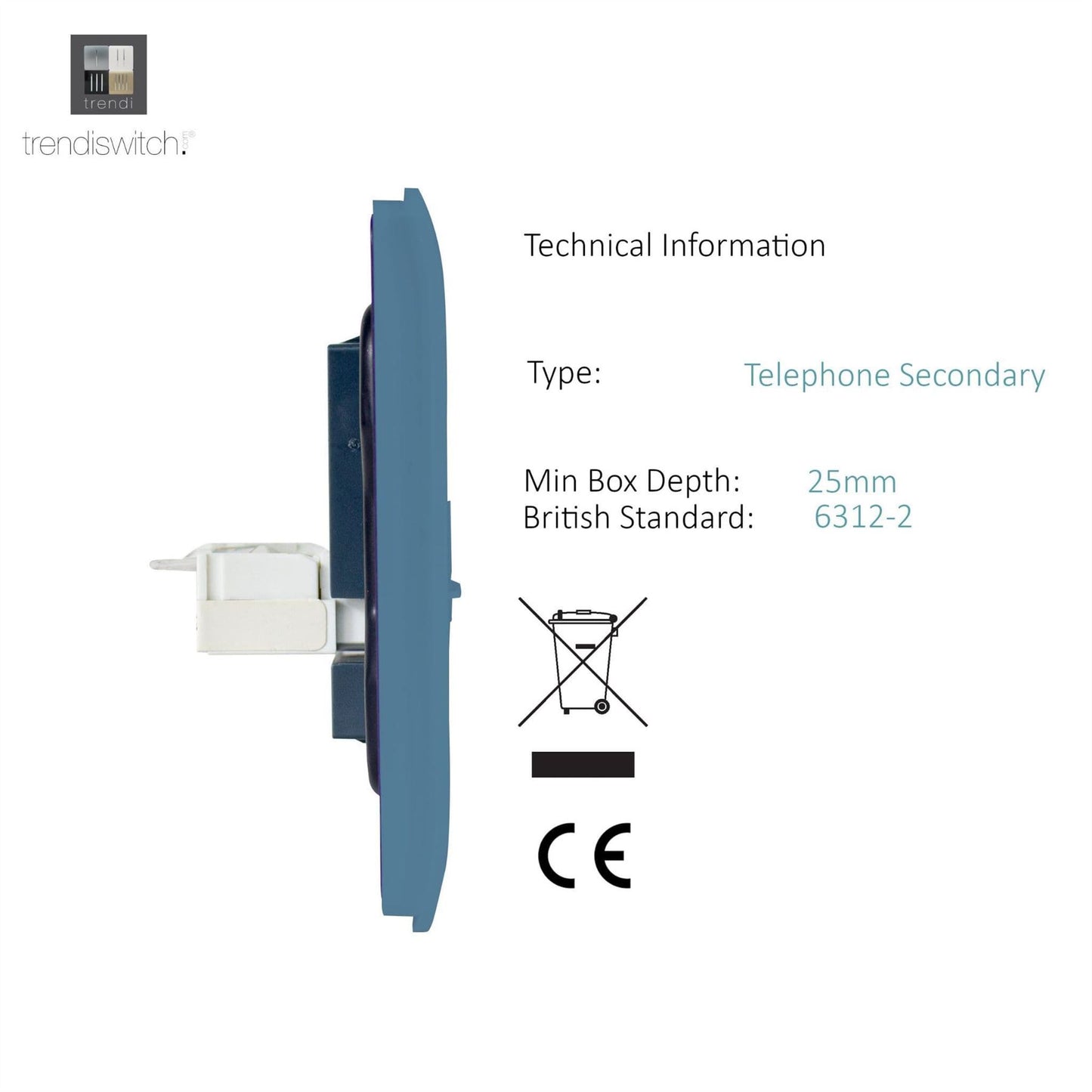 Trendi Switch 1 Gang Cat 3 Telephone Slave Socketin Sky Blue