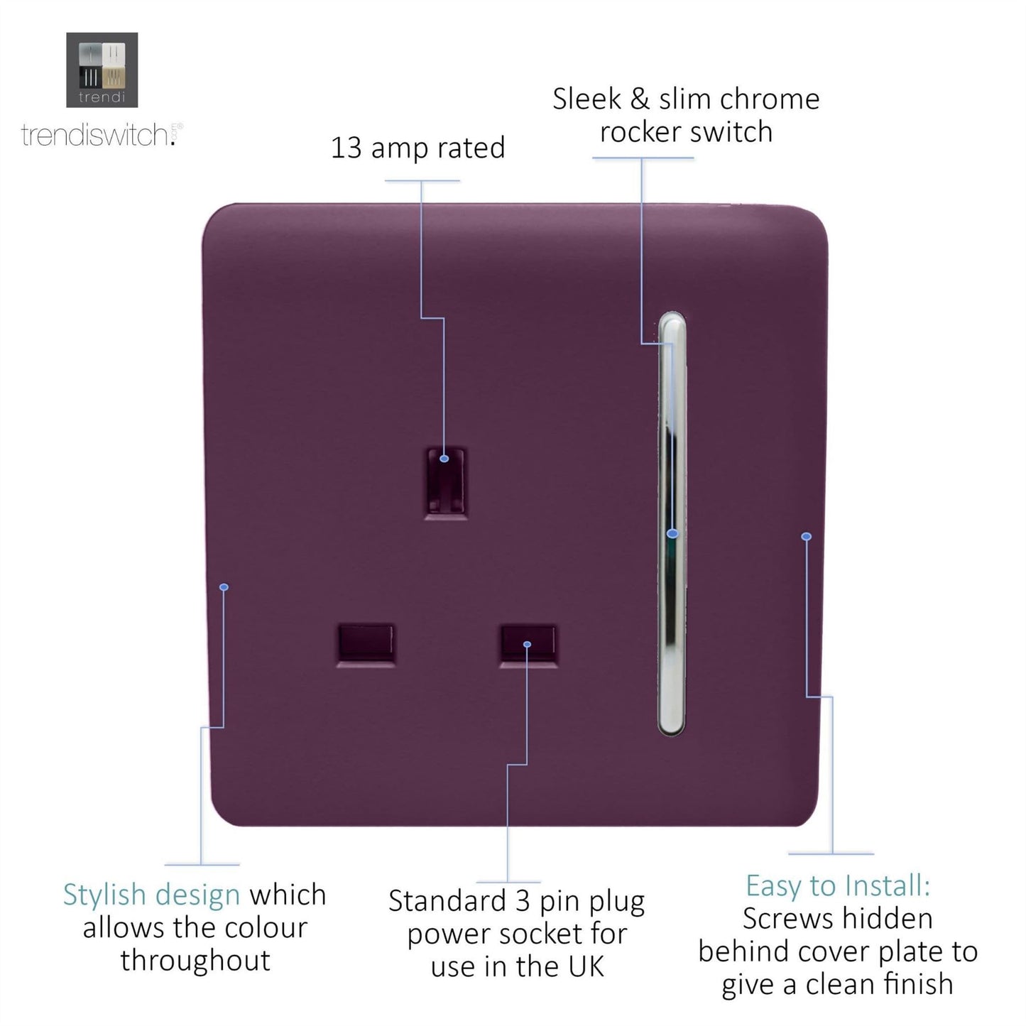 Trendi Switch 1 Gang 13 Amp Switched Plug Socketin Plum Purple