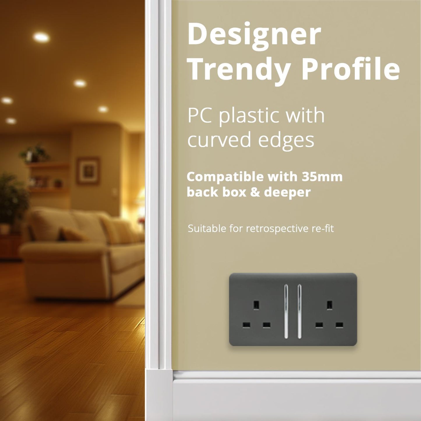 Trendi Switch 2 Gang Long Switched Plug Socketin Charcoal Grey