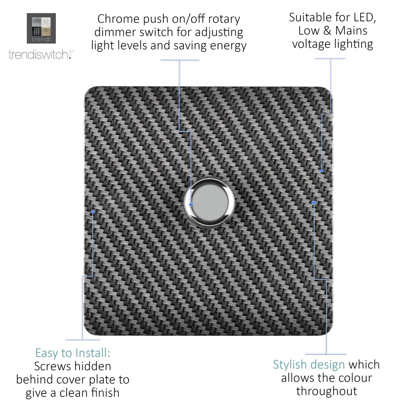 Trendi Switch 1 Gang 1 or 2 way 150w Rotary LED Dimmer Light Switchin Carbon Fibre