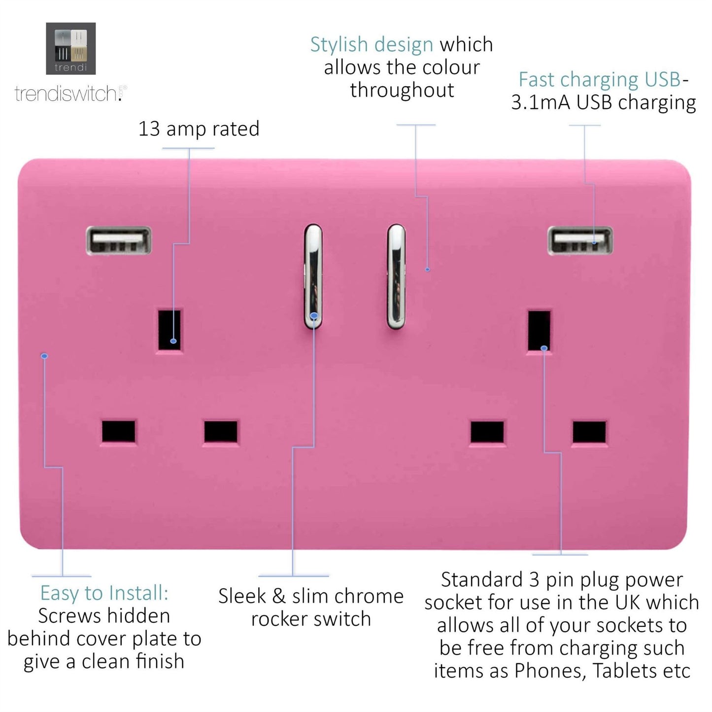 Trendi Switch 2 Gang USB 3100mA Plug Socketin Candy Pink
