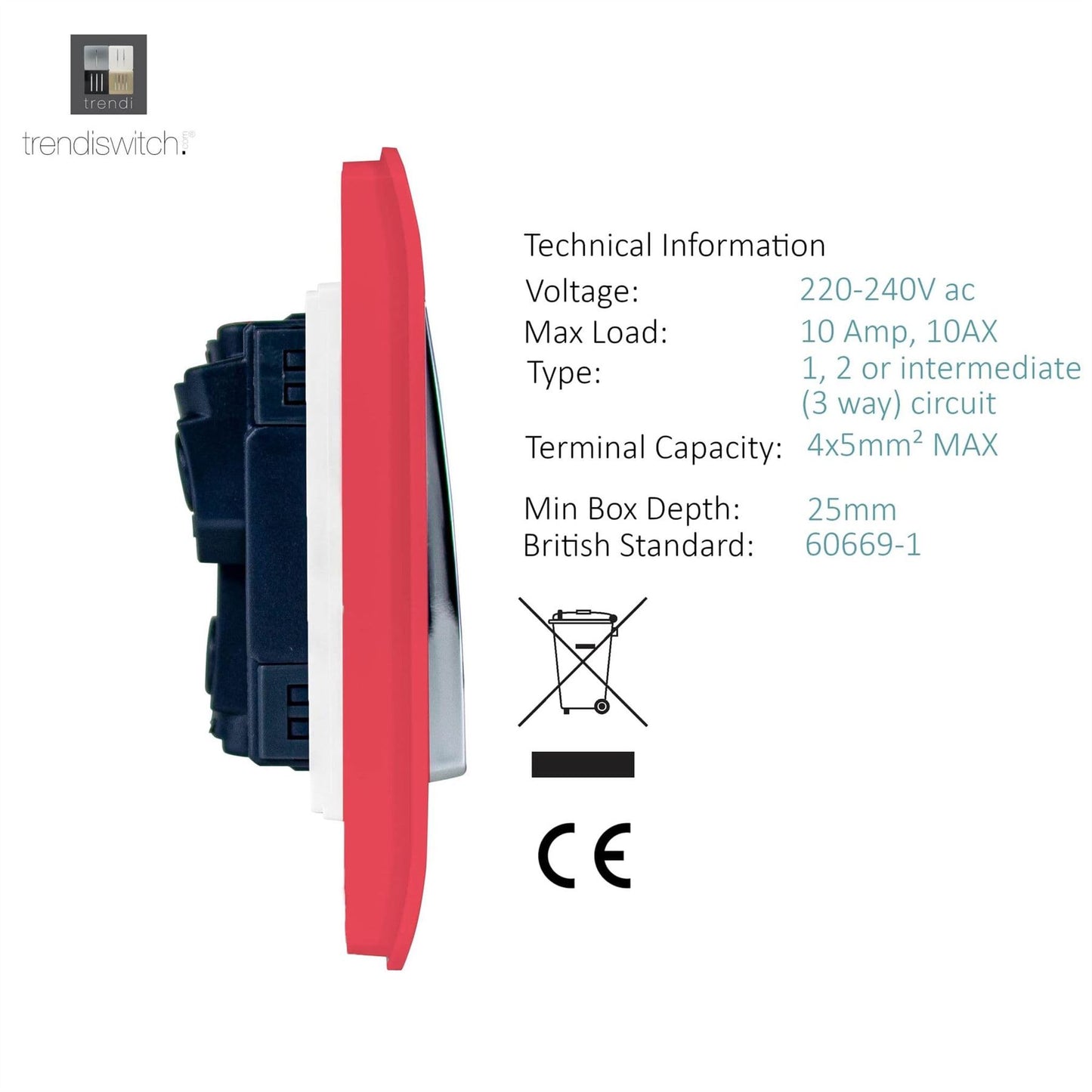 Trendi Switch 4 Gang Light Switch (3x 1 or 2 Way & 1 x Intermediate)in Strawberry Red