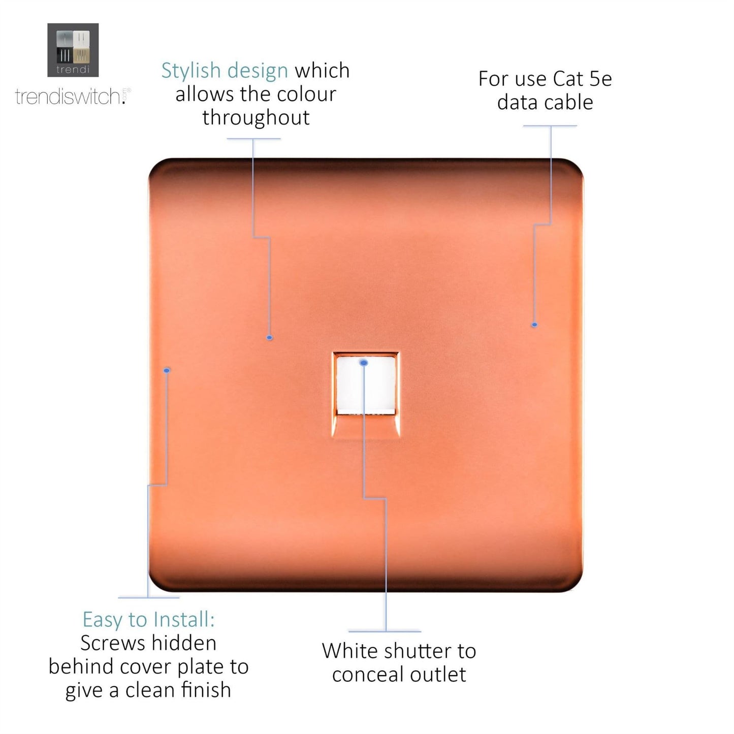Trendi Switch 1 Gang RJ45 Cat 5e PC Ethernet Socketin Copper