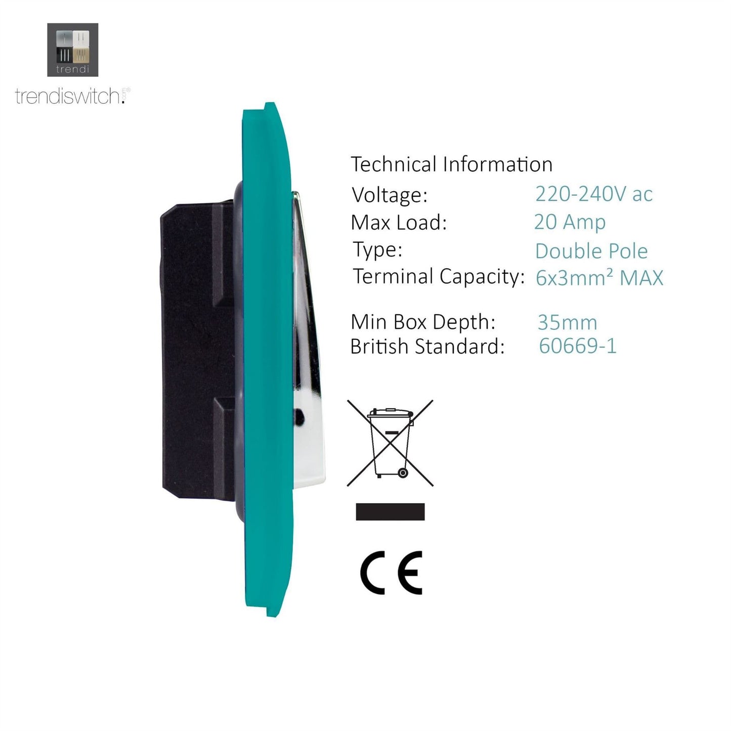 Trendi Switch 1 Gang 20 Amp Heavy Duty Rocker Switchin Bright Teal