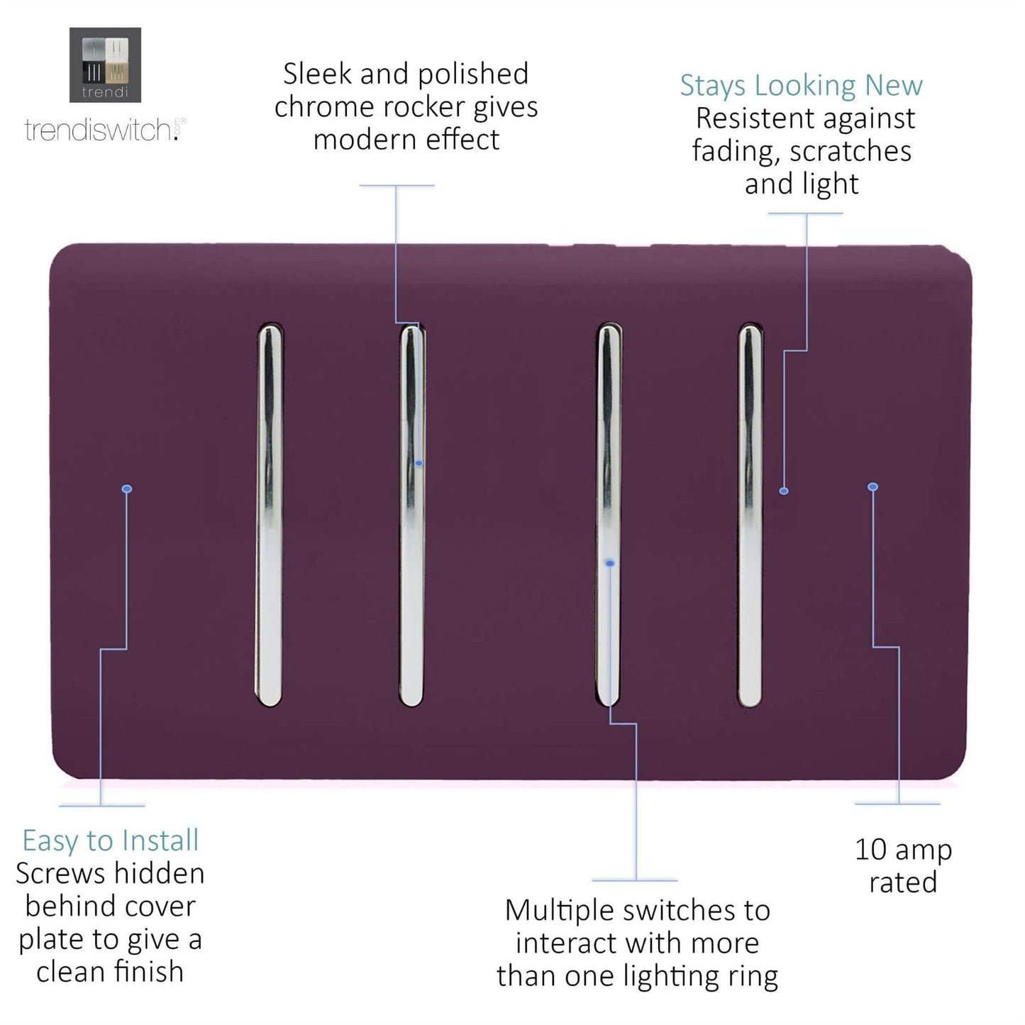 Trendi Switch 4 Gang Light Switch (2x 1 or 2 Way & 2 x Intermediate)in Plum Purple