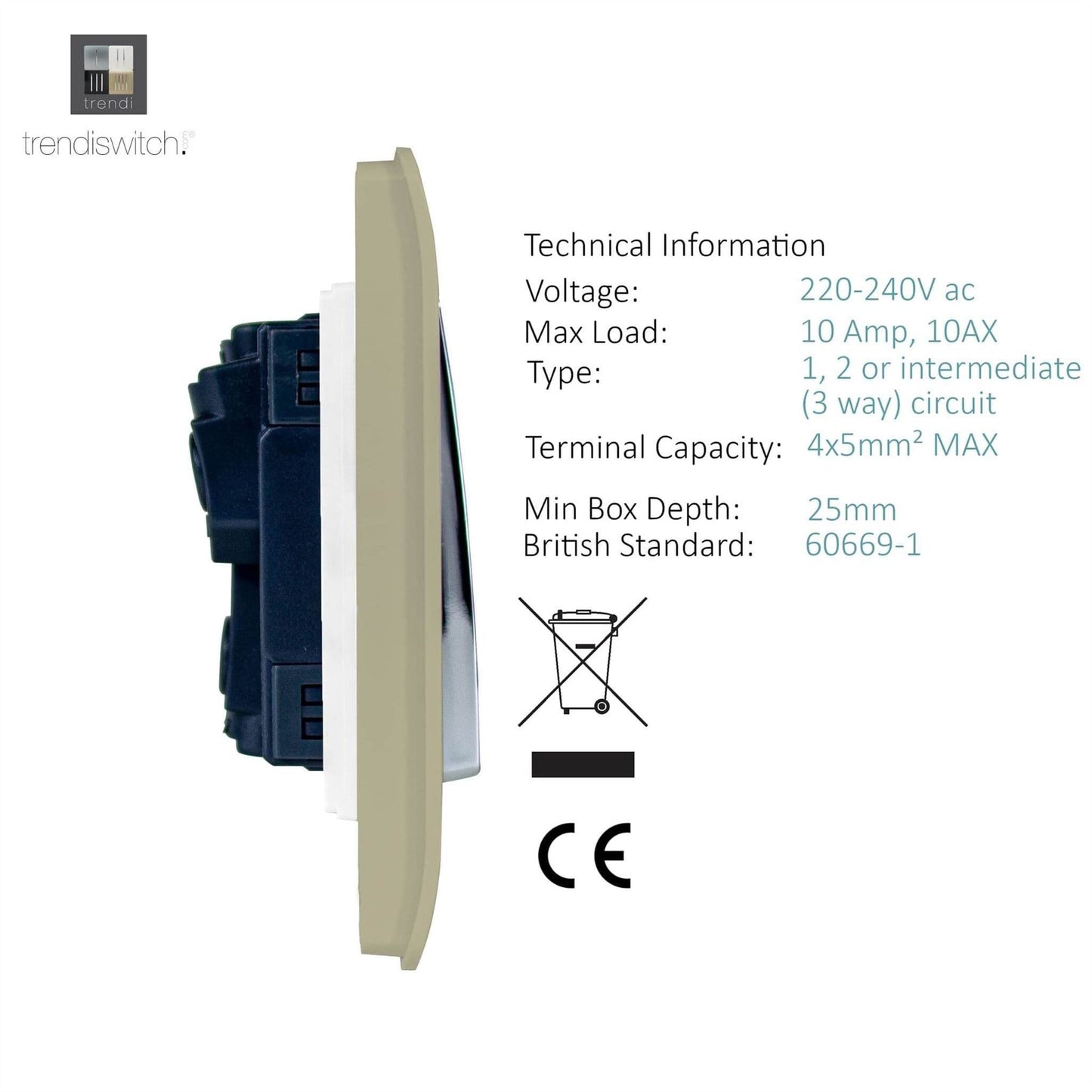 Trendi Switch 4 Gang Light Switch (2x 1 or 2 Way & 2 x Intermediate)in Champagne Gold
