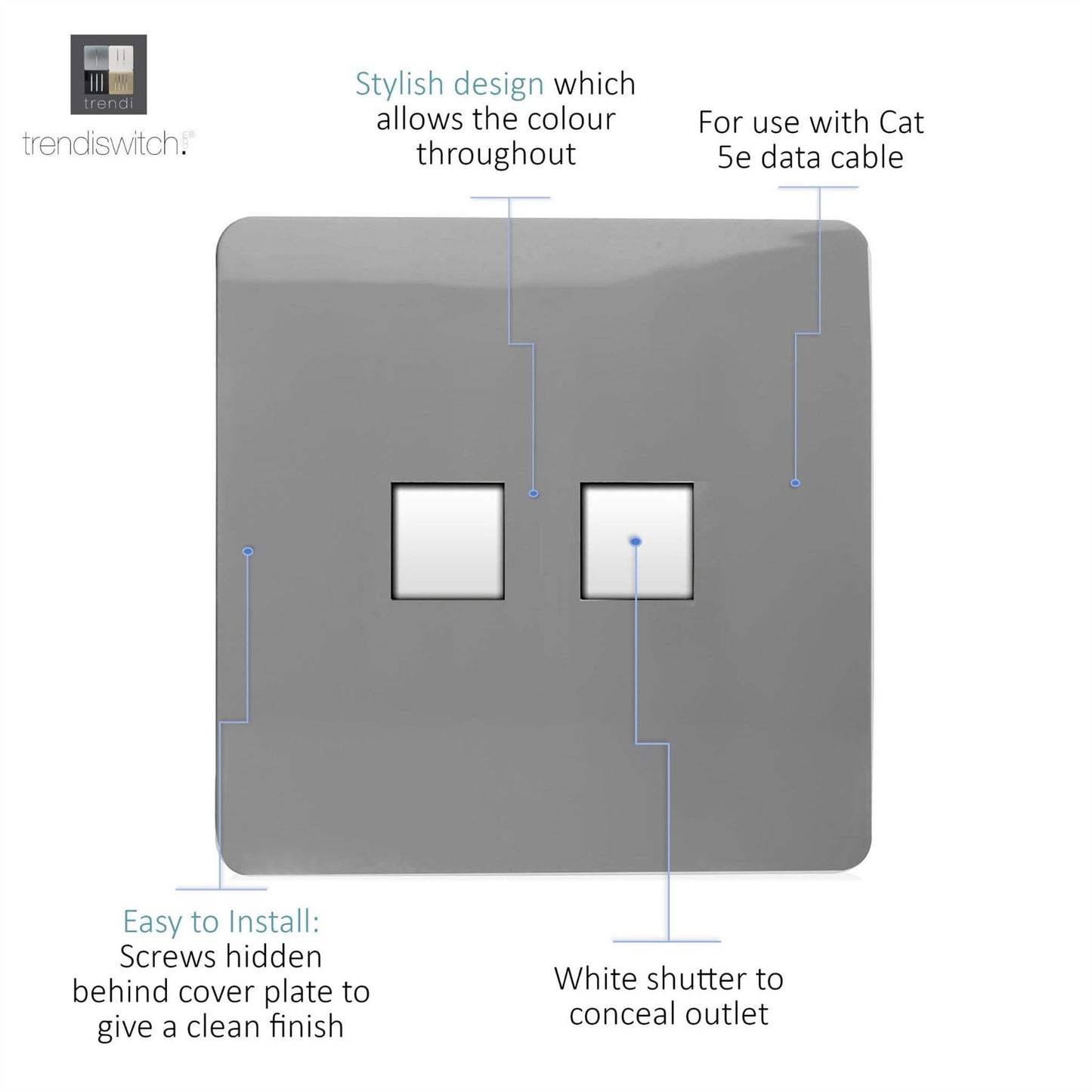 Trendi Switch 2 Gang RJ45 Cat 5e PC Ethernet Socketin Light Grey