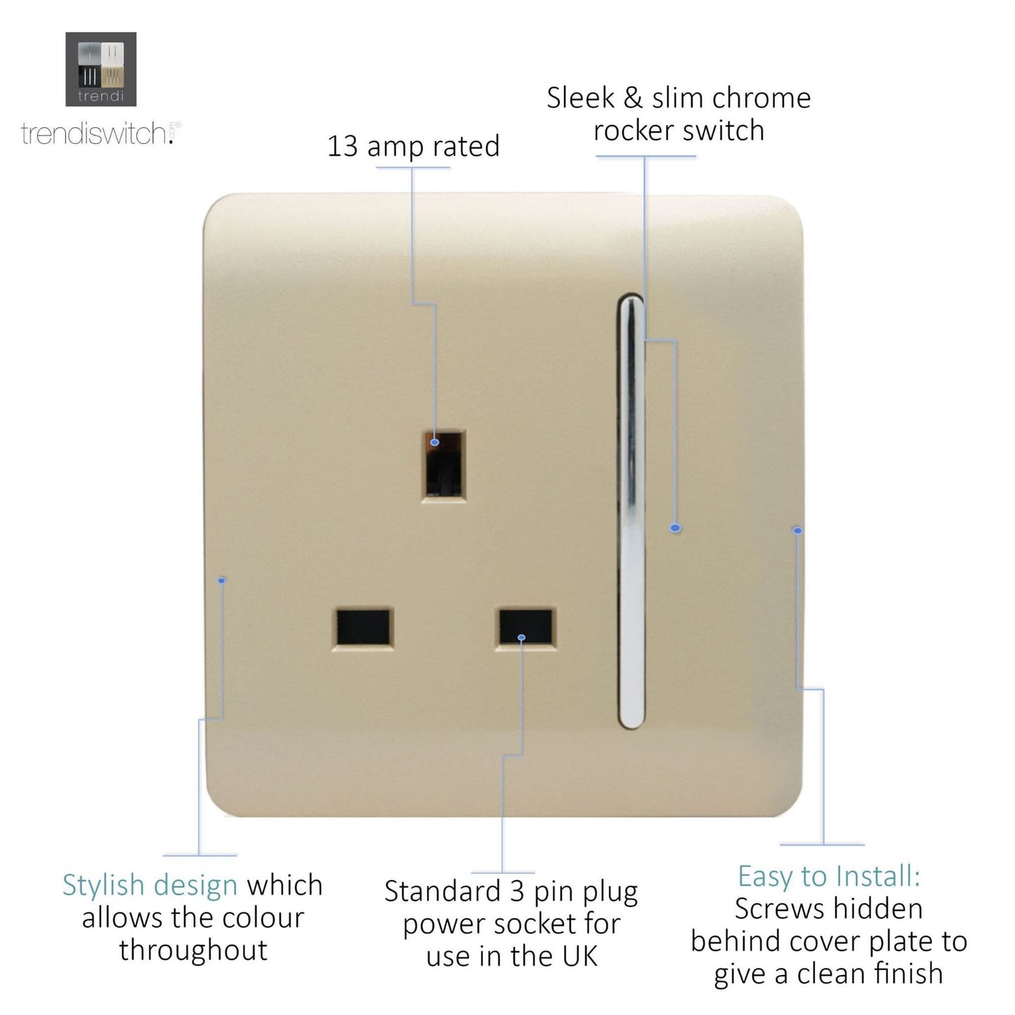 Trendi Switch 1 Gang 13 Amp Switched Plug Socketin Champagne Gold