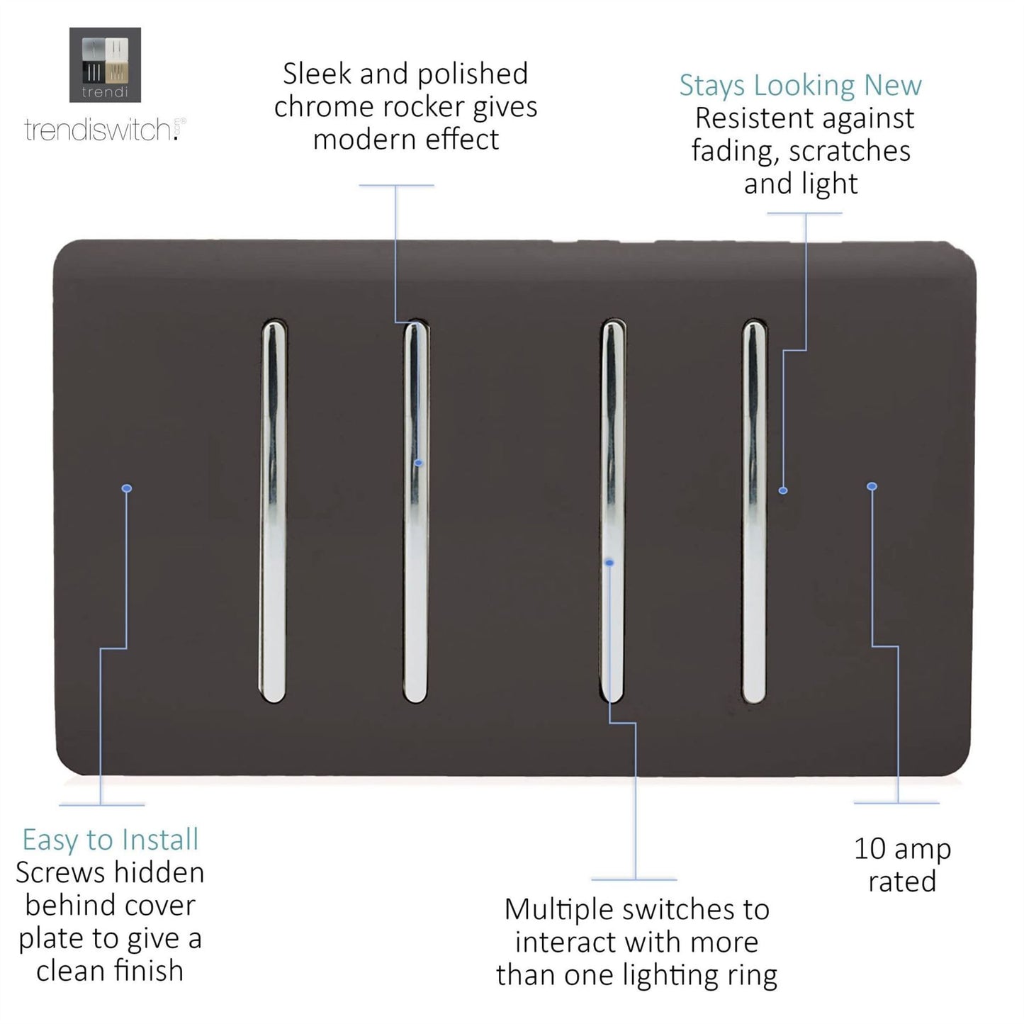 Trendi Switch 4 Gang Light Switch (3x 1 or 2 Way & 1 x Intermediate)in Dark Mocha Brown